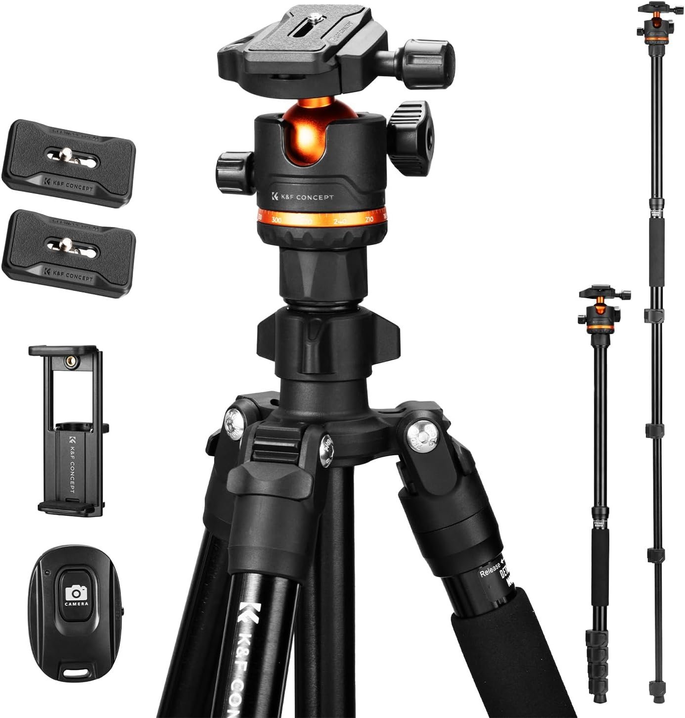 K&F CONCEPT 76″ Camera Tripod with Ball Head, Travel Tripod and Monopod
