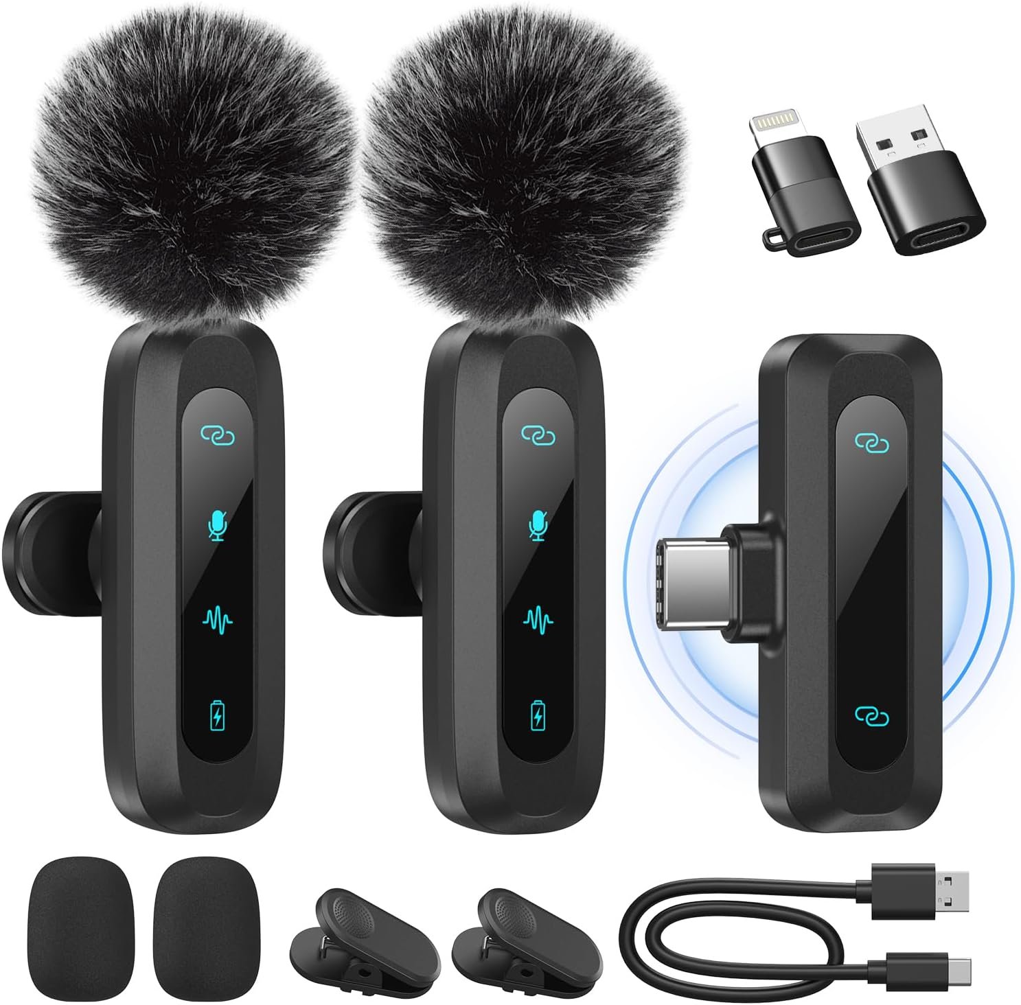 2026 Upgraded Wireless Lavalier Microphone, 2-Pack Mini Lapel Mic with Noise Reduction, USB-C, Lightning and USB-A Adapters for iPhone, Android, iPad, Laptop, Video Recording, Podcast, TikTok, YouTube