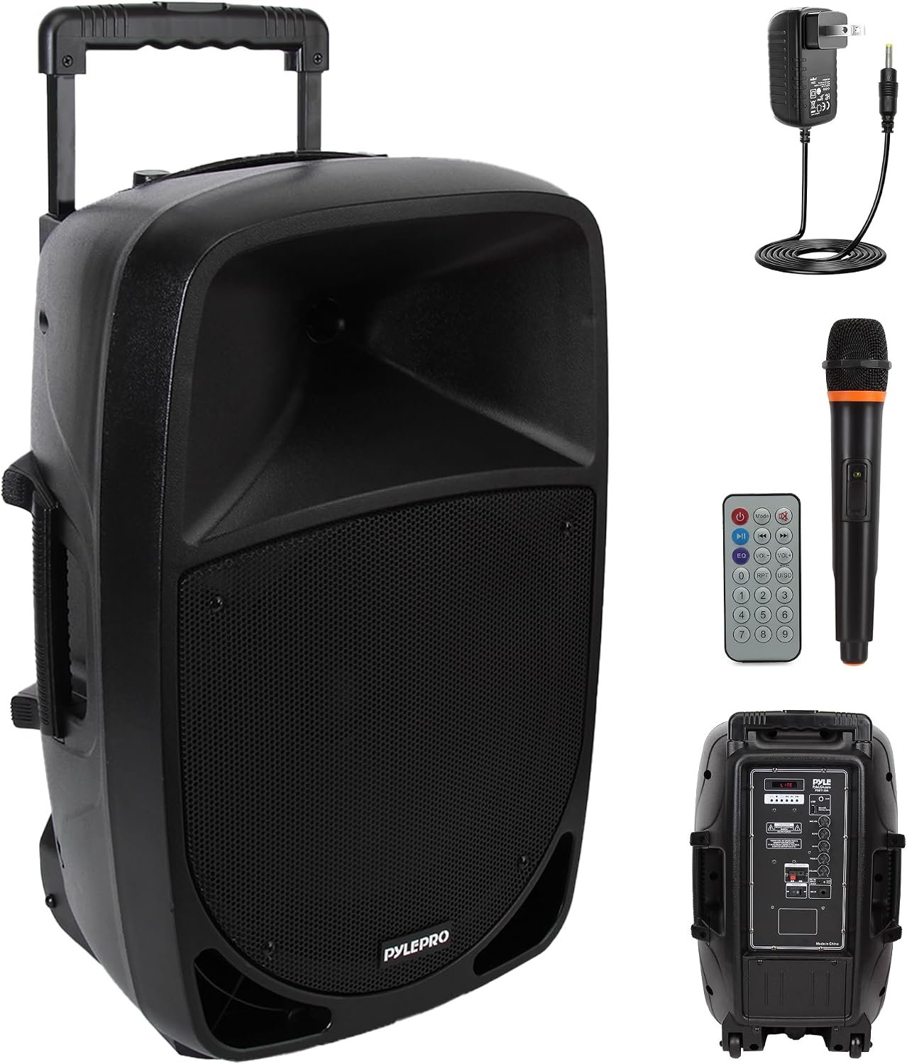 Pyle 1200W Portable Bluetooth PA Speaker – 12’’ Subwoofer, LED Battery Indicator Lights W/Built-In Rechargeable Battery, MP3/USB/SD Card Reader, and UHF Wireless Microphone – Pyle PSBT125A,Black