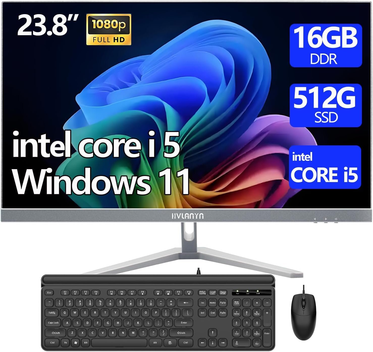 23.8-Inch Fhd All-in-One Desktop Compute,Core i5, 16GB DDR RAM,512GB PCIe SSD,1920×1080 FHD Display, WiFi, Bluetooth,Mouse and Keyboard Include,with 1-Year Warrant