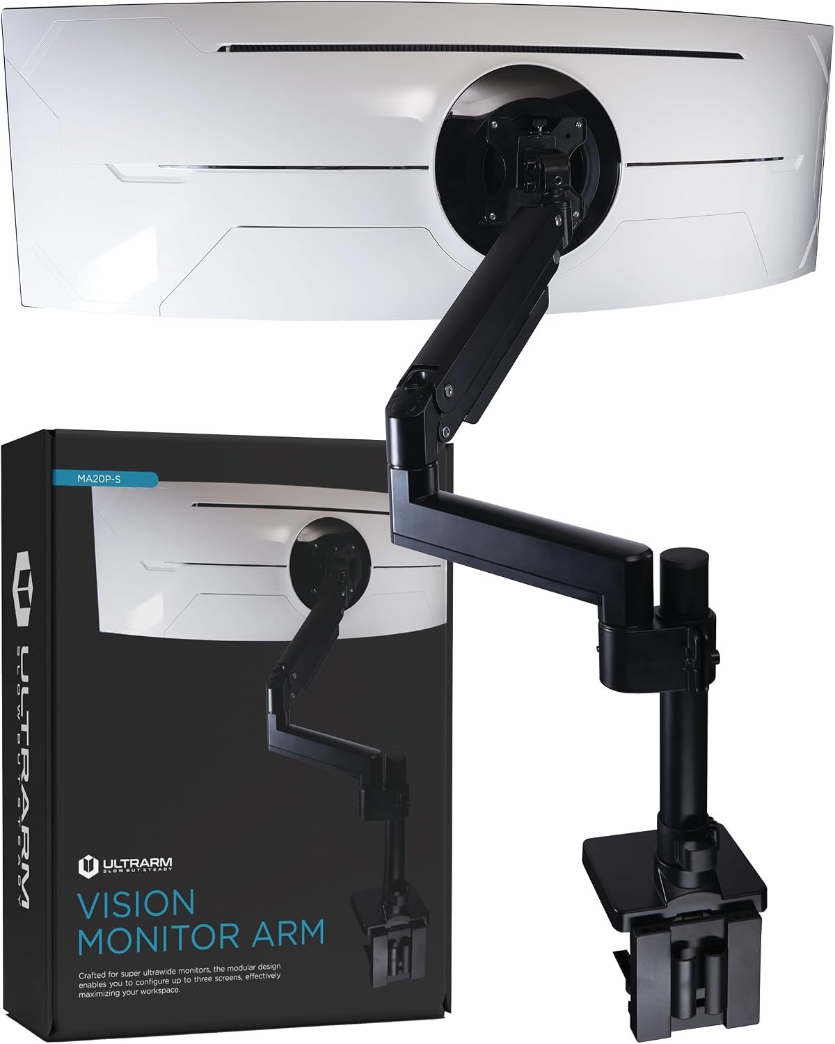 ULTRARM Heavy Duty Monitor Arm for Ultrawide Monitors up to 57″ and 44 lbs, Single Desk Stand, Pneumatic Height Adjustable, Modular Extension Arms – Max VESA 100×100, Black, MA20P-S