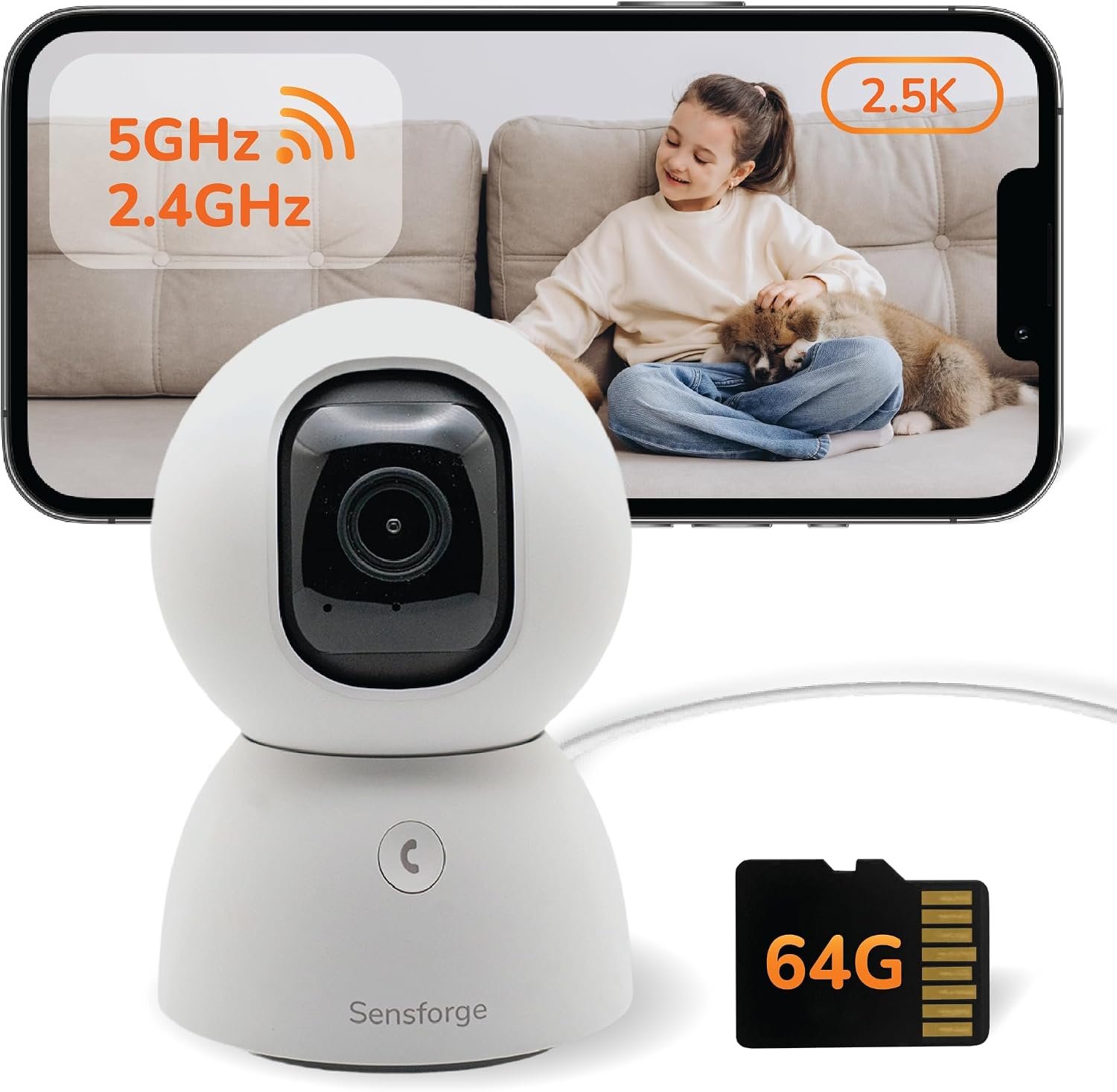 SensForge 2.5K Indoor Pan-Tilt Security Camera, 360° Dual-Band 2.4/5GHz Wi-Fi Camera for Home, Smart AI Human & Pet Detection, 64GB SD Card Included, Two-Way Talk, No Subscription Required (1, White)