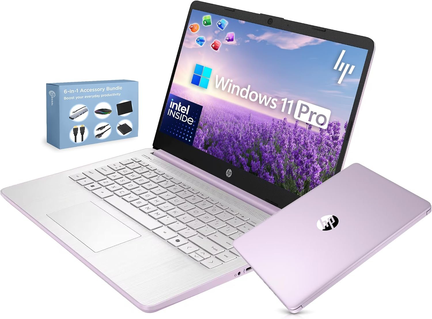 HP 14” Ultra Light Thin Laptop Computer 2026 Premium, MS Office, Copilot AI, 4-Core Intel CPU, 4GB DDR5 RAM, 628GB Storage (128GB UFS+500GB Ext), Long Battery, MarxsolAccessory, Win 11 Pro, Lavender