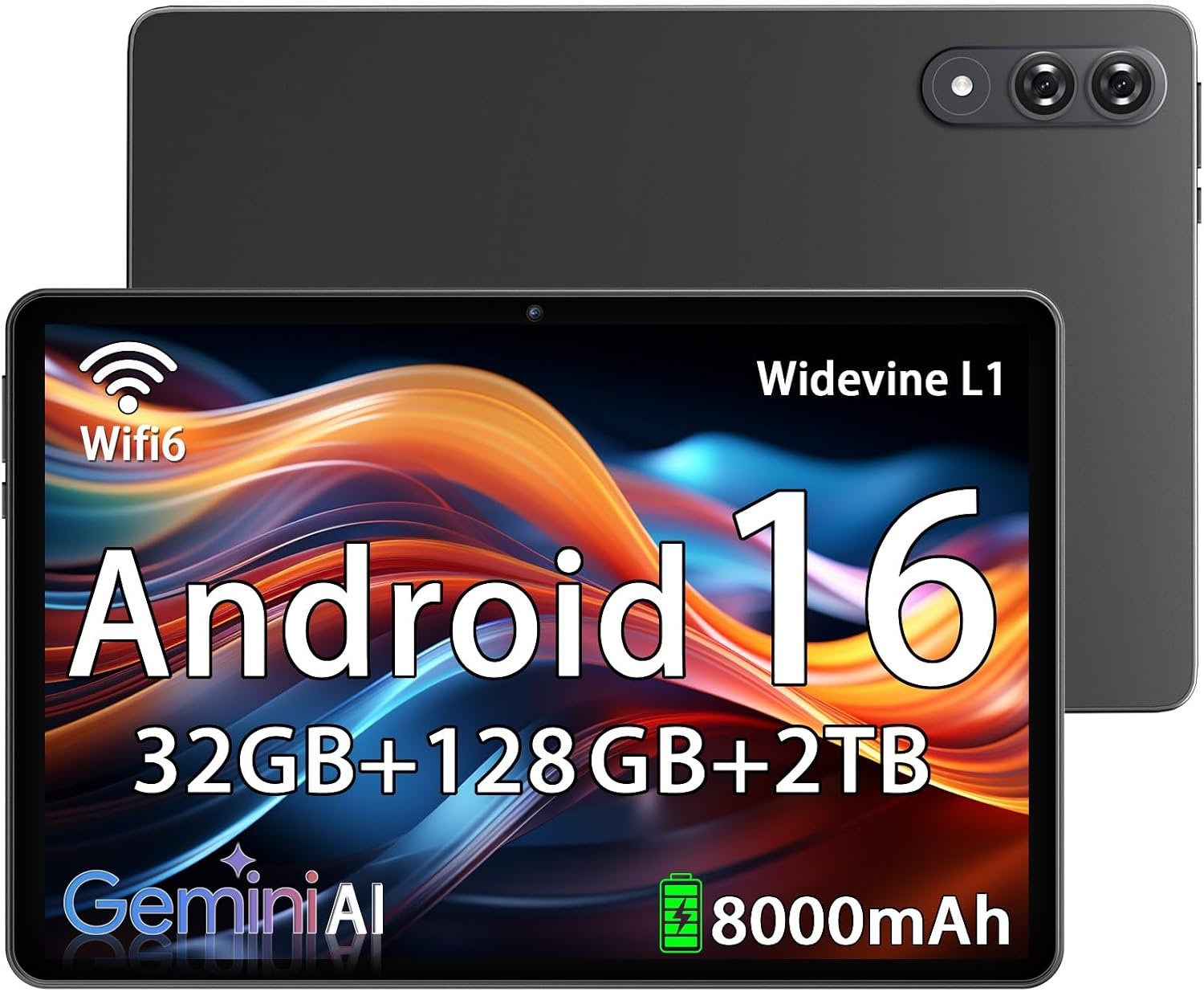 Android 16 Tablet with Gemini AI, 11 Inch Tablets with Octa Core Processor, 32GB RAM 128GB ROM 2TB Expand, 16MP+8MP, 1920×1200 IPS HD Display, Widevine L1, 8000mAh Battery, GPS, Face ID, WiFi 6