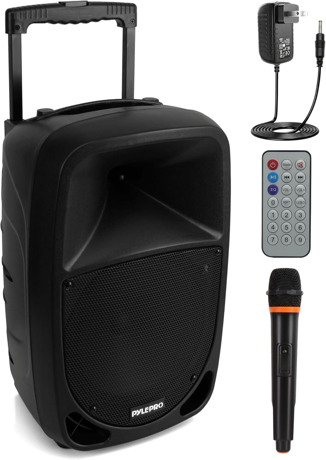 Pyle PSBT105A – 1000W Portable Bluetooth PA Speaker, 10” Subwoofer, UHF Wireless Mic, MP3/USB/SD, Rechargeable Battery, LED Battery Indicator Lights, Black
