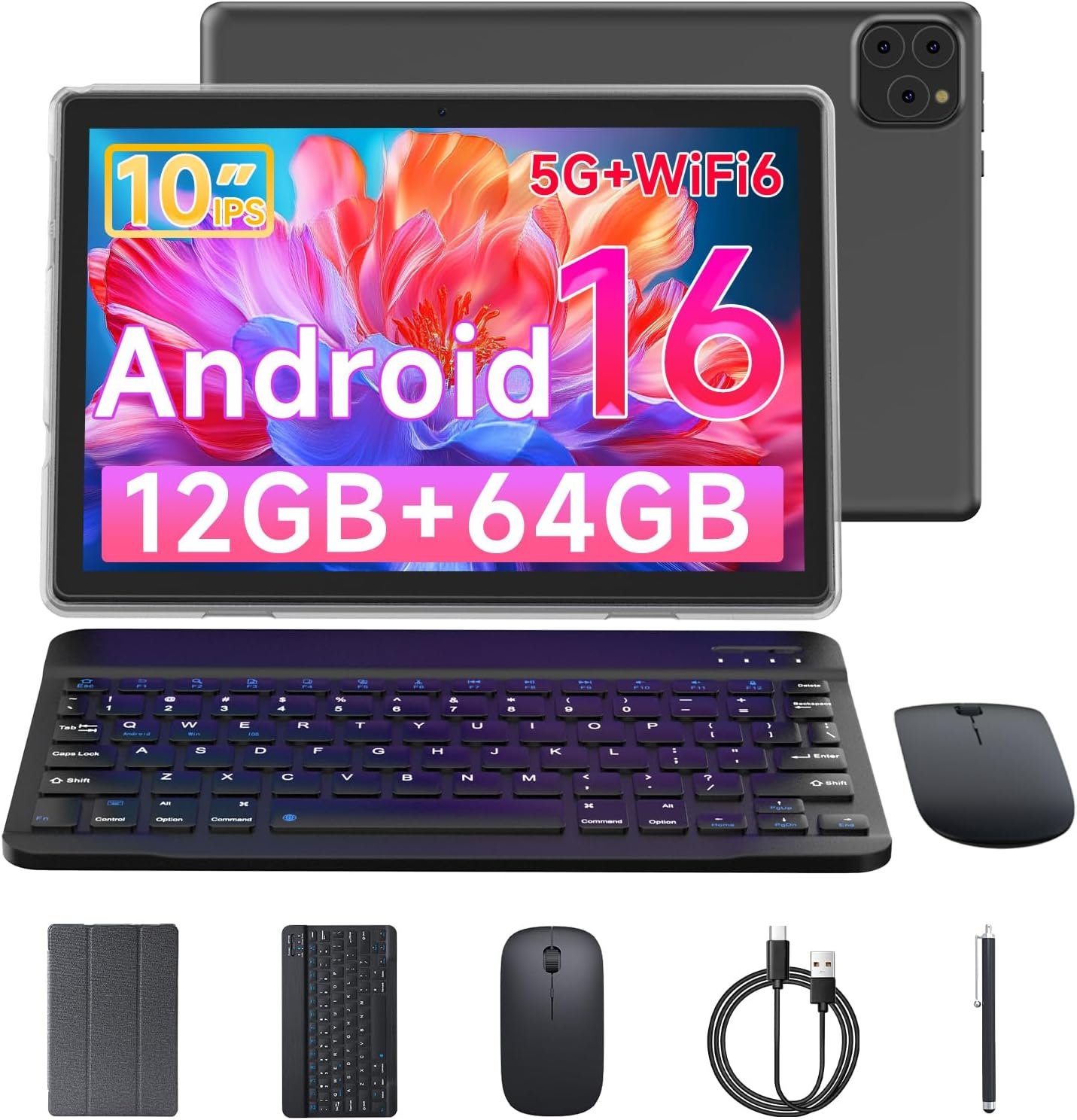 Tablet Android 16 10 Inch 12GB RAM+64GB ROM/ 1TB Expandable, 1280 * 800 HD Touch Screen, 5G WiFi6 BT 5.0, 2 in 1 Tab with Keyboard Case Mouse Stylus (Black)