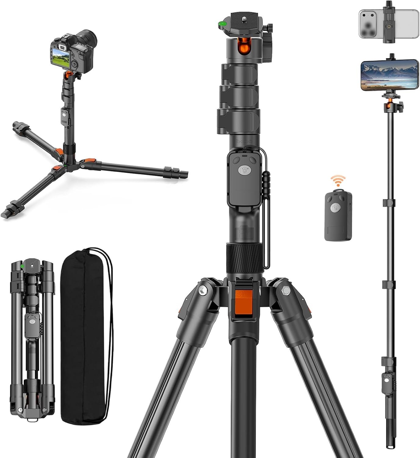 XXZU 75″ Camera Tripod,Aluminum Tripod for Camera Phone/Monopod with Remote