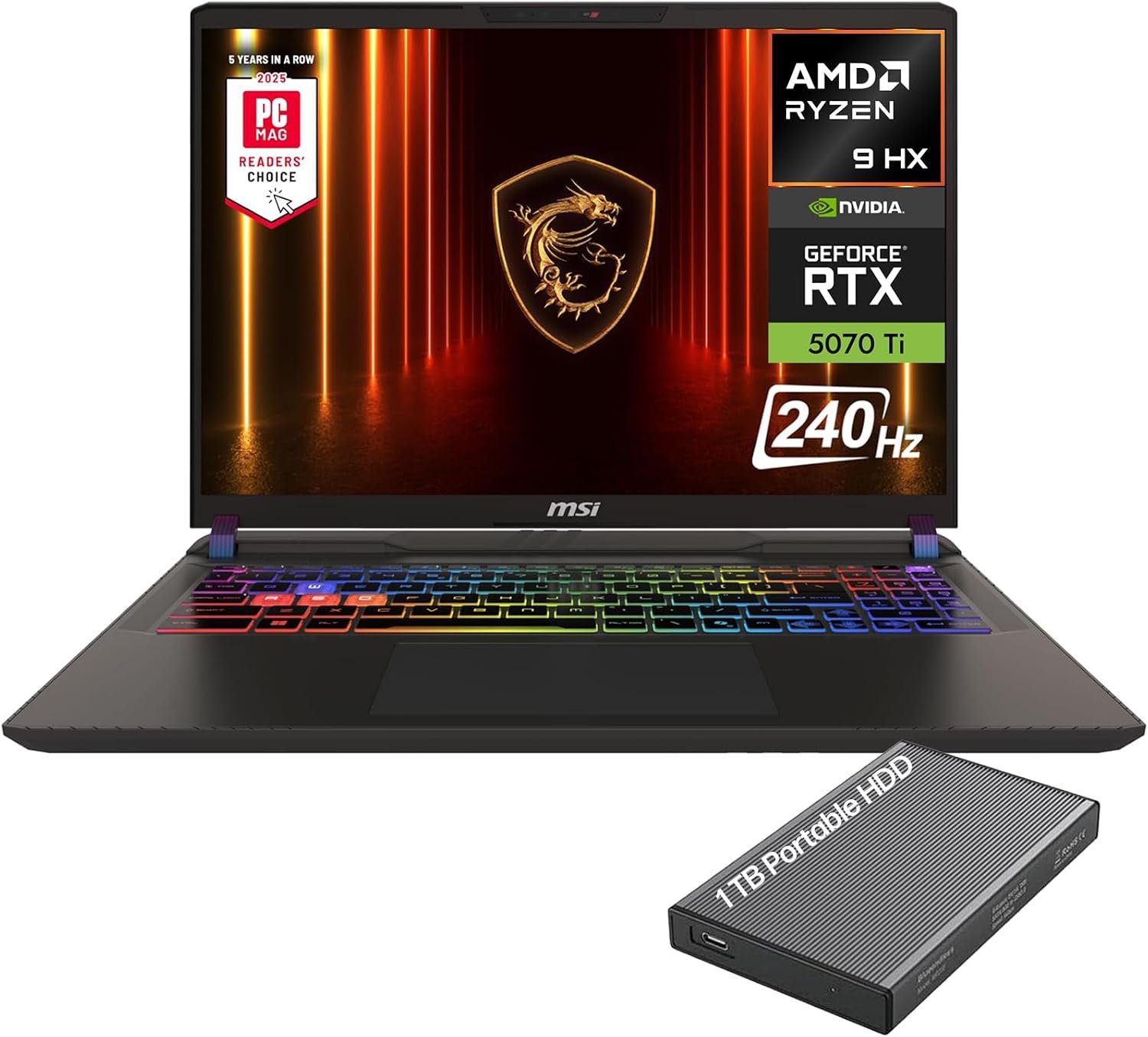 msi Vector 16 HX AI 16″ 240Hz QHD+ Gaming Laptop, AMD Ryzen 9 8940HX, NVIDIA Geforce RTX 5070Ti 12GB GDDR7, 32GB DDR5 RAM, 1TB SSD, Thunderbolt 4, Wi-Fi 7, RGB Backlit, Win 11, w/1TB Portable HDD