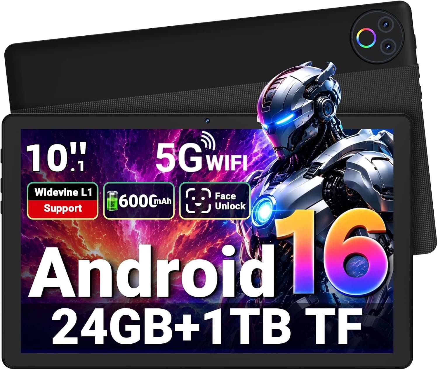 Gleeso Tablet Android 16 Tablet 10 Inch, 24GB RAM 1TB Expandable, 6000mAh Battery, Widevine L1, Face Unlock, WiFi 6, Bluetooth 5.4, Dual Cameras Tablet for Work & Entertainment