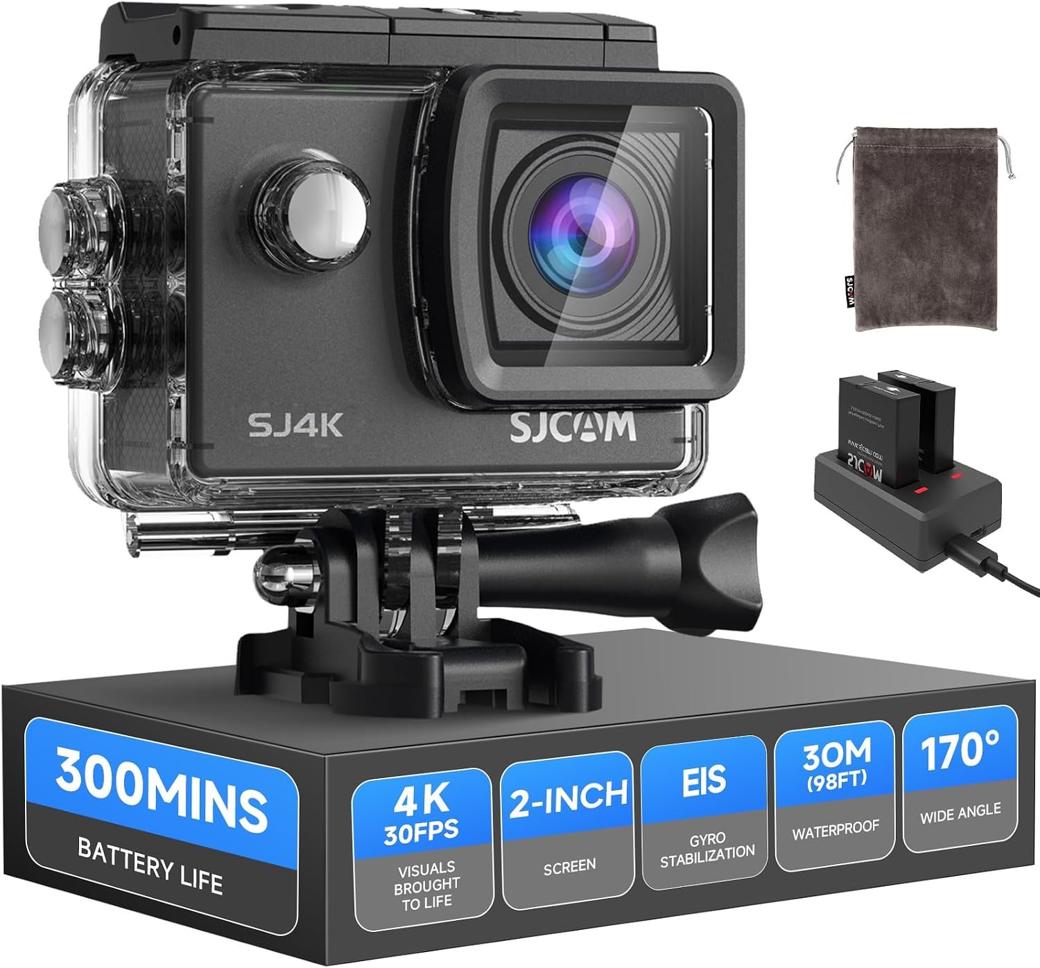 SJCAM SJ4000 4K Ultra HD Waterproof Action Camera – 20MP WiFi Sports Cam for Adventure & Diving | EIS Anti-Shake, Support External Mic & 4X Zoom, Reliable Beginner Camera for Travel, Hiking, & Surfing