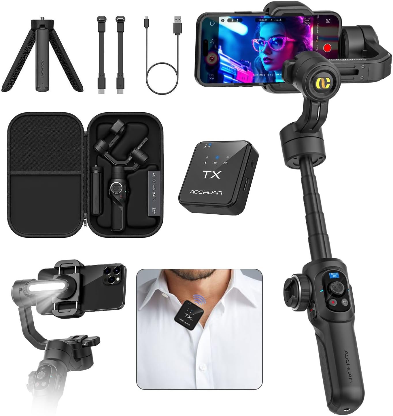 AOCHUAN S2 Smartphone Gimbal Stabilizer w/Wireless Lavalier, Built-in 18cm Extension Rod & Fill Light, Professional 3-Axis Gimbal for iPhone & Android for Video Recording