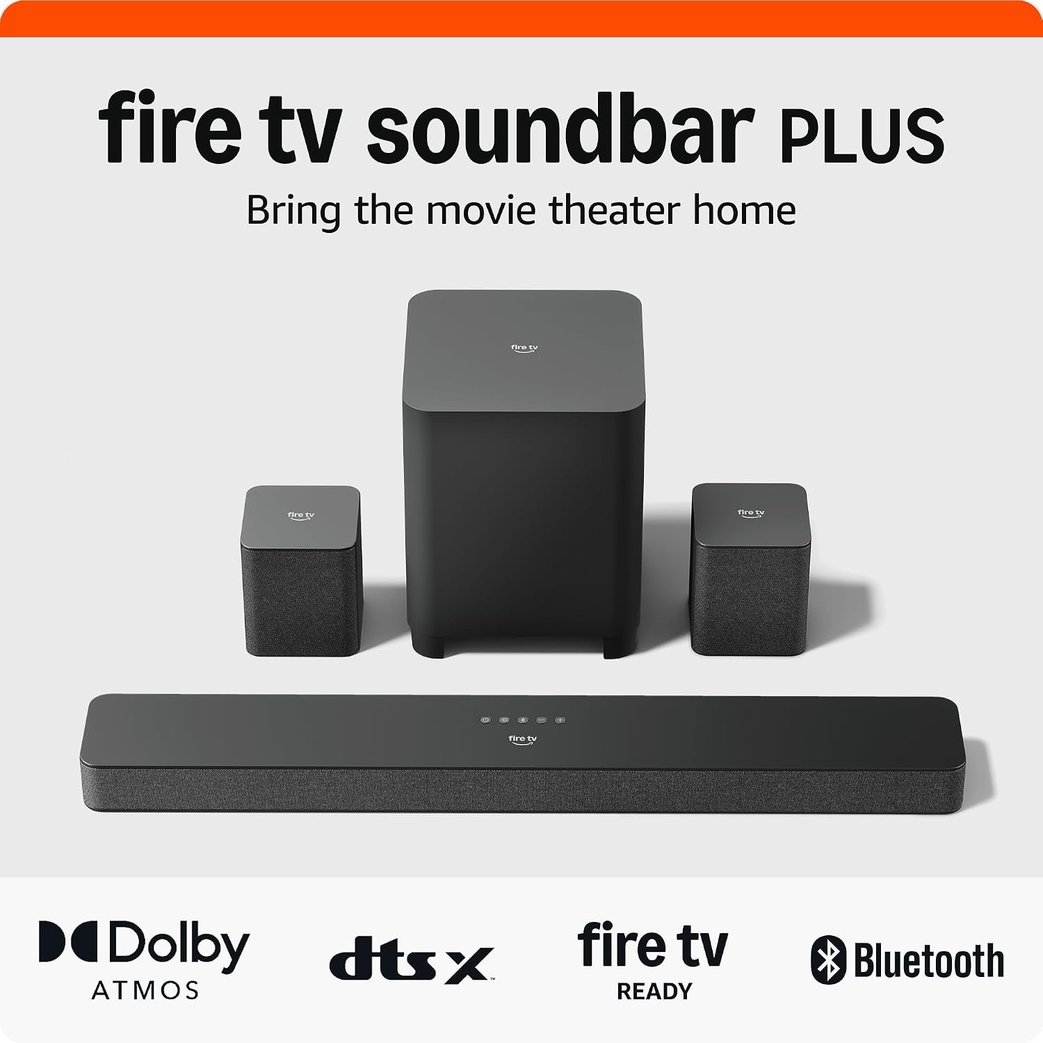 Amazon Fire TV Soundbar Plus with subwoofer and surround sound speakers (newest model), 5.1 channel, Dolby Atmos, clear dialogue