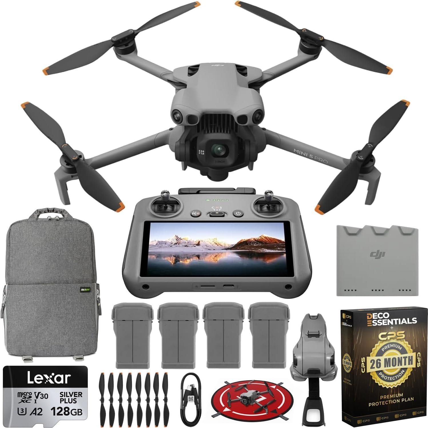 DJI Mini 5 Pro Drone Fly More Combo with RC 2, 1″ CMOS Sensor, 4K Video, Obstacle Sensing, 4 Battery Bundle with Deco Essentials CPS Exclusive 26 Month Protection Pack and Accessories Kit
