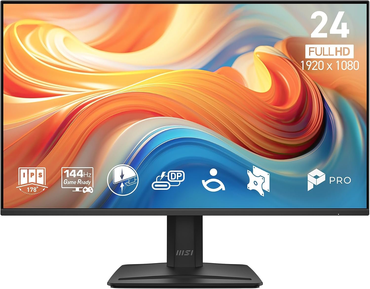msi PRO MP242 E14C 24-inch IPS 1920 x 1080 (FHD) Office Monitor, 144Hz, Free-Sync, HDMI, USB C (15W Power Delivery), VESA Mountable, Tilt, Speaker, 4-Side Slim Bezel 1ms, Black