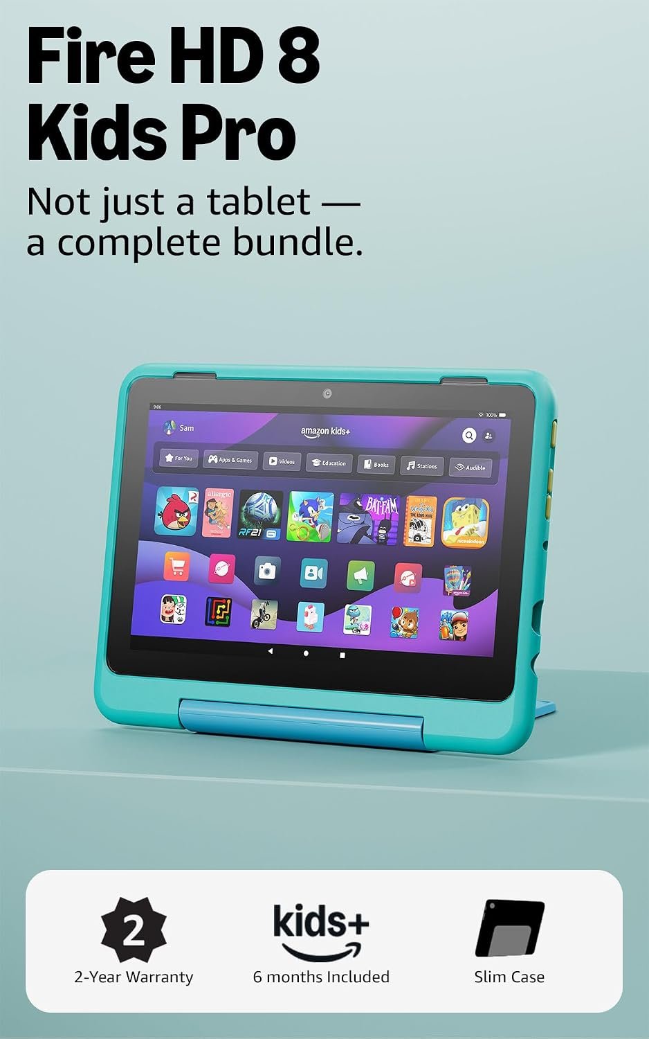 Amazon Fire HD 8 Kids Pro tablet, ages 6-12. Bright 8″ HD screen, includes ad-free content, parental controls, 13-hr battery, slim case for older kids, 64GB, Hello Teal, (2024 release)