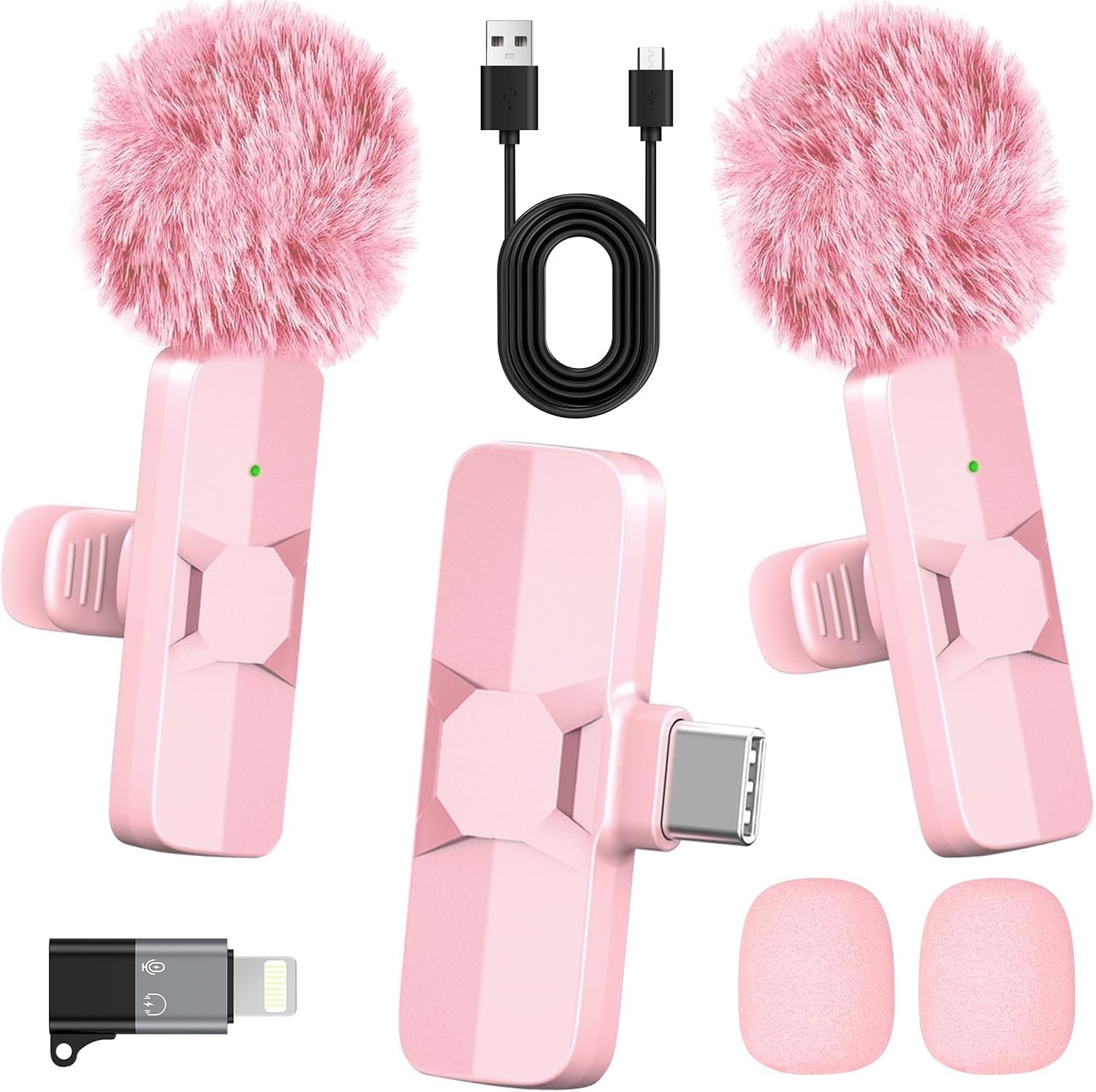 Pink Wireless Lavalier Microphone for iPhone & Android – Mini Clip-On Mic with Noise Cancellation, 65ft Range, 8H Battery, USB-C/Lightning – for TikTok, YouTube, Podcast, Live Streaming
