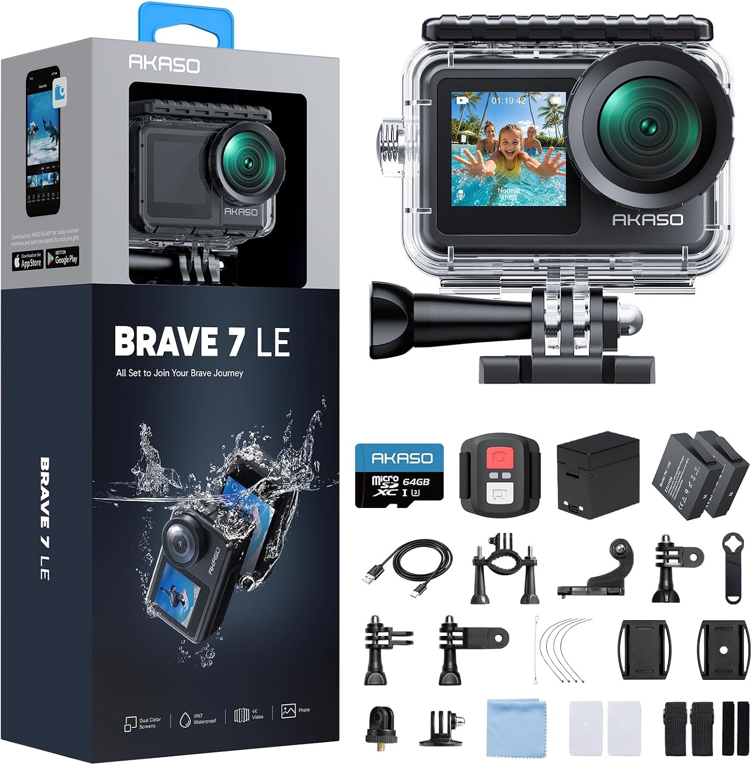 AKASO Brave 7 LE 4K30fps Action Camera with 64GB MicroSDXC U3 Memory Card Accessories Kit Bundle Ultra HD 131FT Waterproof Camera EIS 2.0 WiFi Remote Control Zoom Underwater Camera