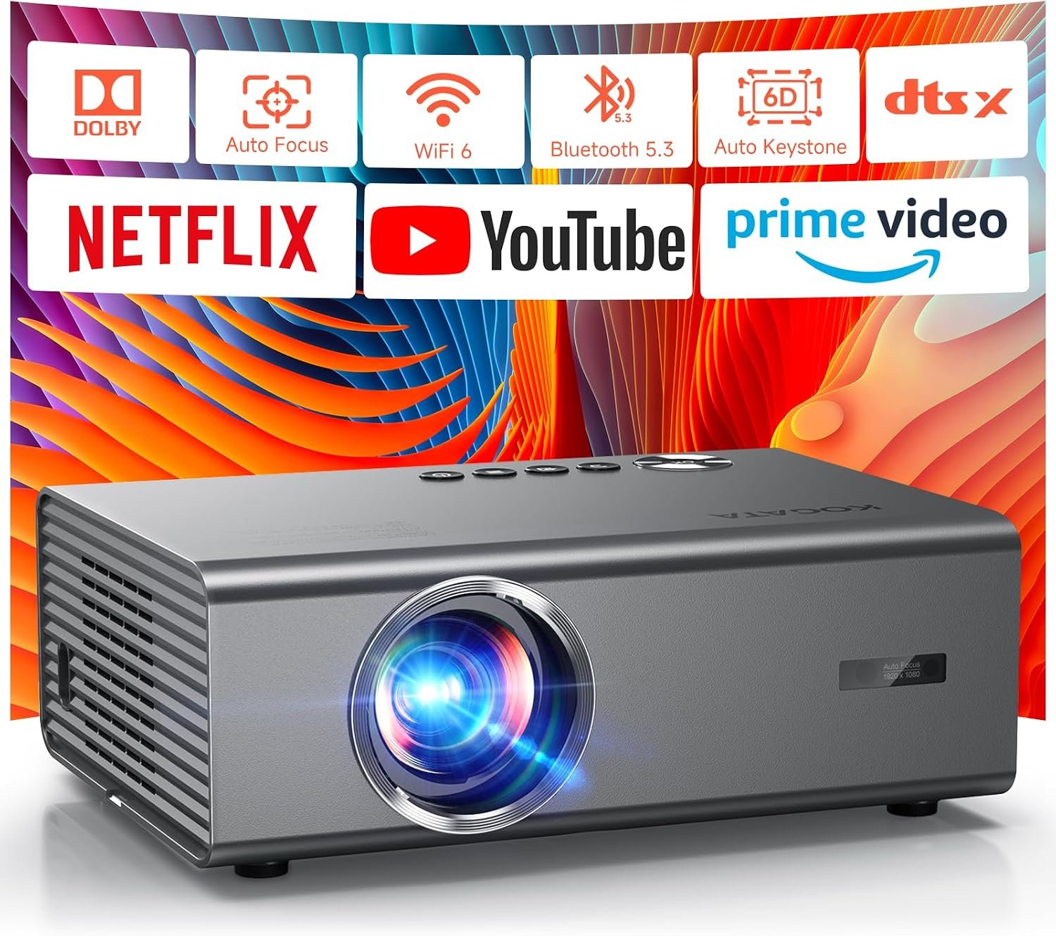 4K-Projector with WiFi and Bluetooth, AI Auto Focus&6D Keystone Dolby Audio HDR10+, KOGATA Smart Projector with Built-in Apps, Outdoor Movie Portable for Home Theater, Bedroom, Ceiling