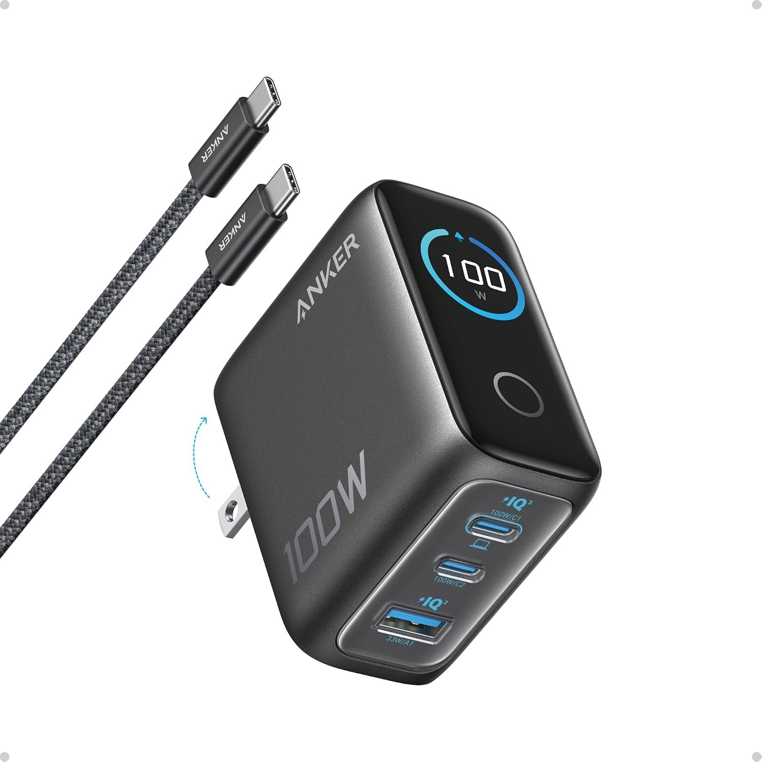 Anker 100W Max USB C Charger, 3-Port GaN Phone Charger with Smart Display