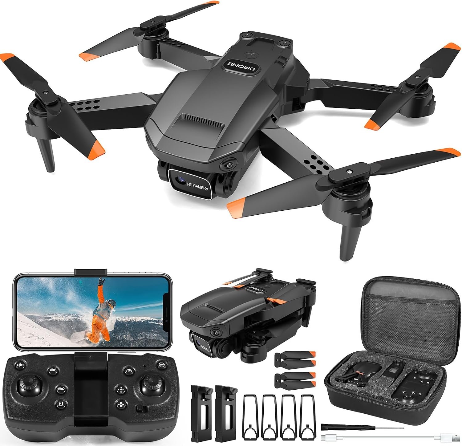 Drone with Camera for Adults Kids Beginners, 1080P HD FPV Foldable Mini RC Drone with 2 Batteries, Altitude Hold, One Key Takeoff/Landing, 90° Adjustable Camera, Gesture Control, 3D Flip & Carrying Case