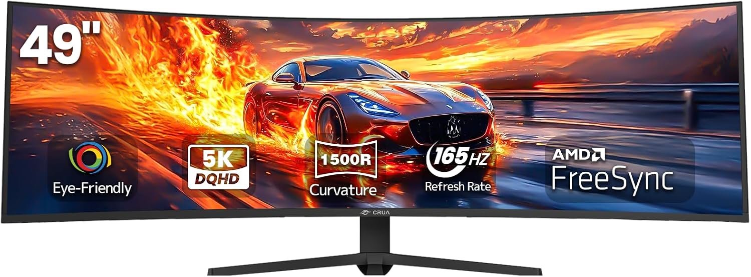 CRUA 49″ DQHD 165Hz Ultrawide Curved Gaming Monitor, 1500R, FreeSync, Black