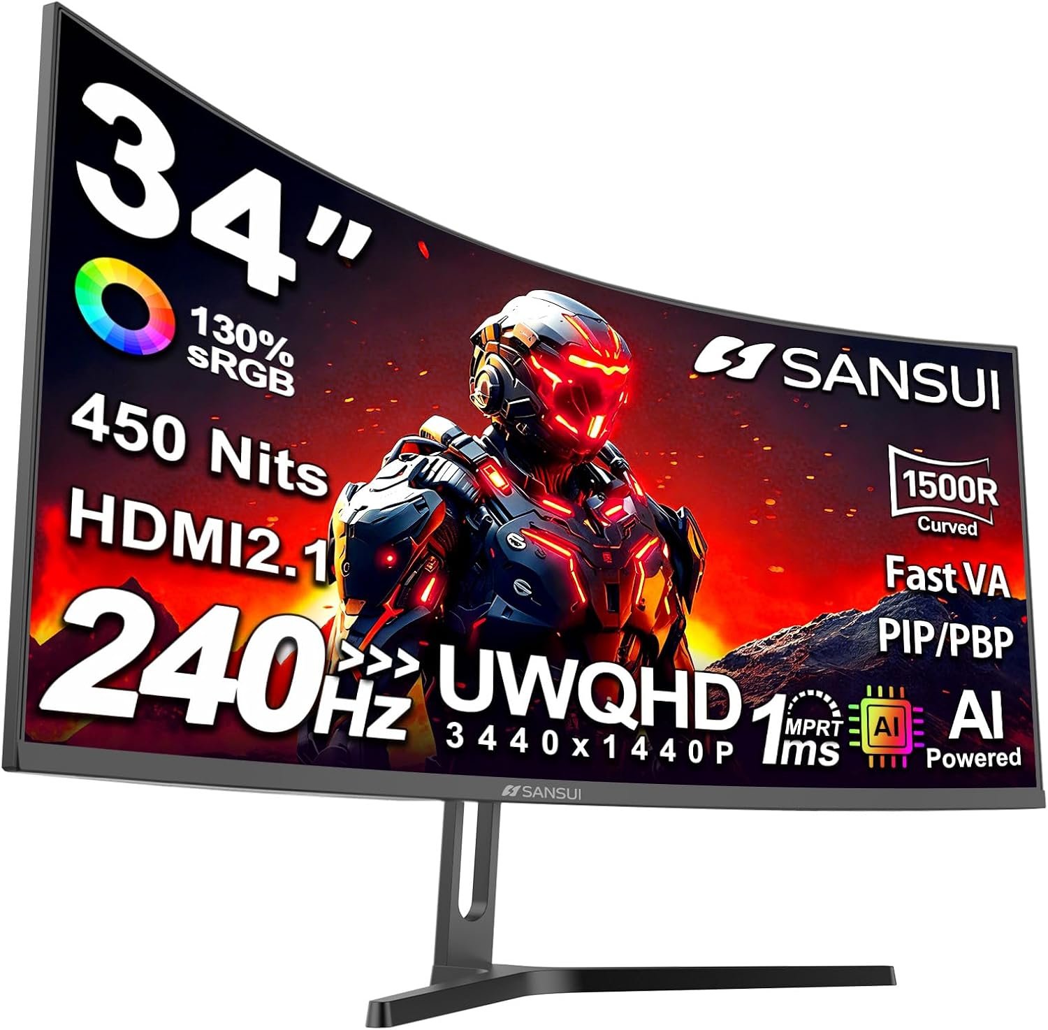 SANSUI 34 Inch Curved Monitor 240Hz UWQHD 3440×1440 Gaming Monitor