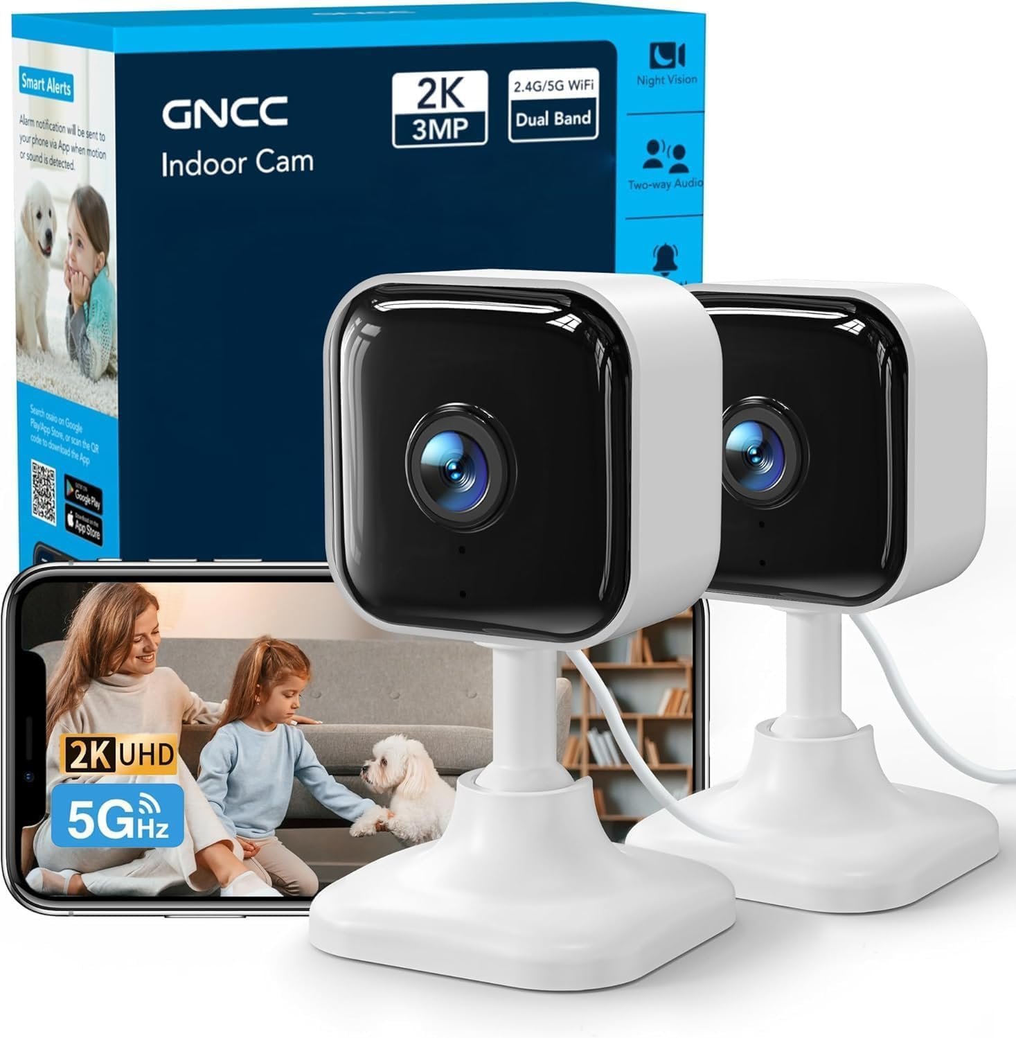 GNCC 2K Indoor Camera for Home Security with Phone App 5G/2.4G WiFi Pet Cam