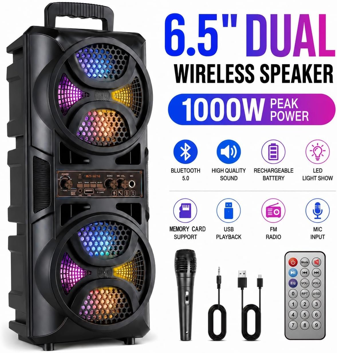 6650W Dual 6.5 Inch LED Party Lights Powerful Bass Bluetooth Speaker with Microphone Wireless Remote Control USB TF Card FM Radio Supports for Outdoor Parties Karaoke Portable Rechargeable