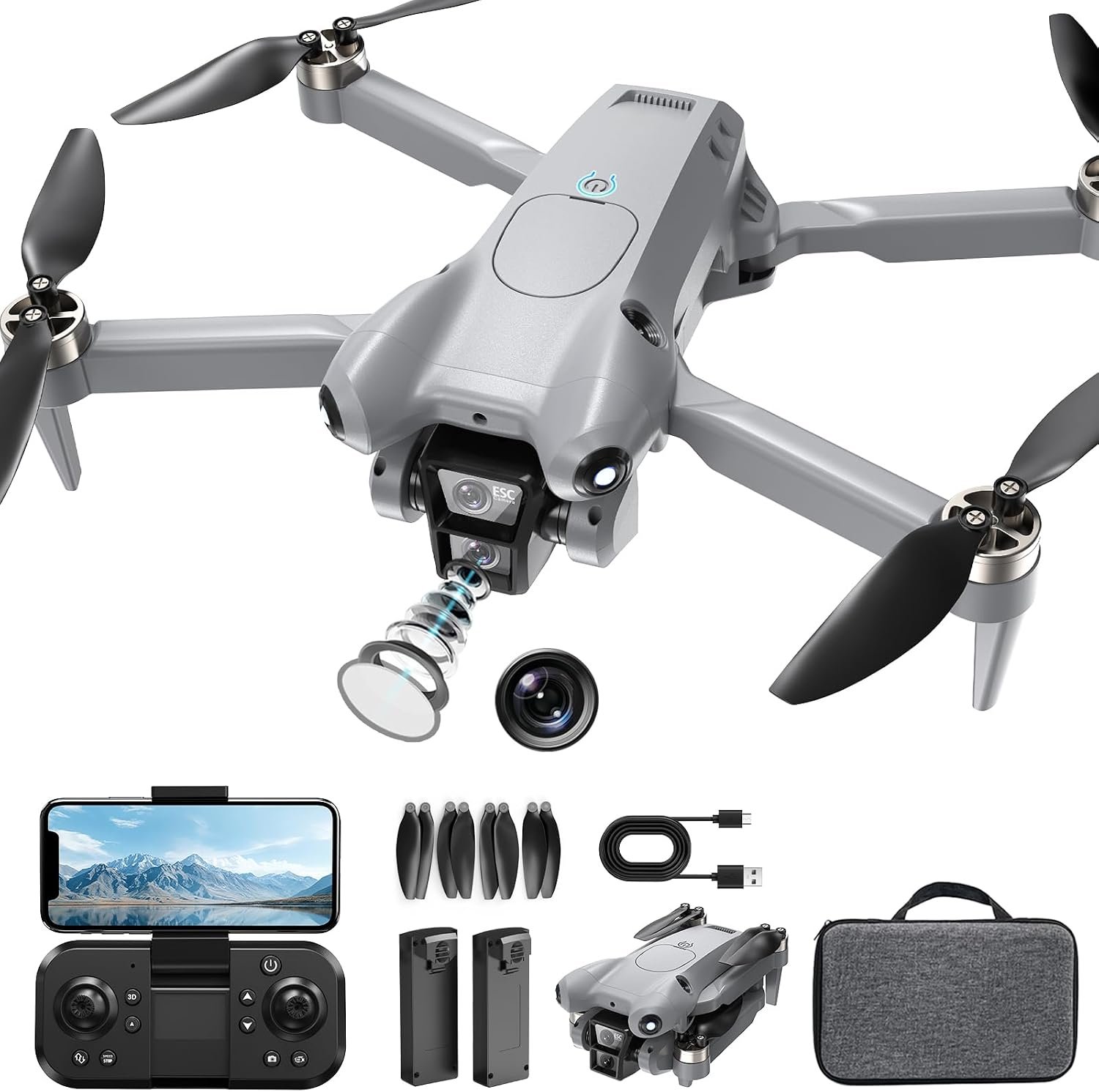 PRO Drone with Camera for Adults 2k, Brushless Motors Drone for Kids Beginners, 40mins Flight Time with 2 Batteries, FPV Foldable RC Quadcopter, Toys Gifts for Teen Boys Girls, Beginner (Grey)
