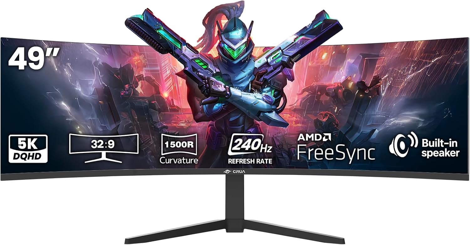CRUA 49″ DQHD 240Hz Ultrawide Curved Gaming Monitor, 1500R, FreeSync, Black
