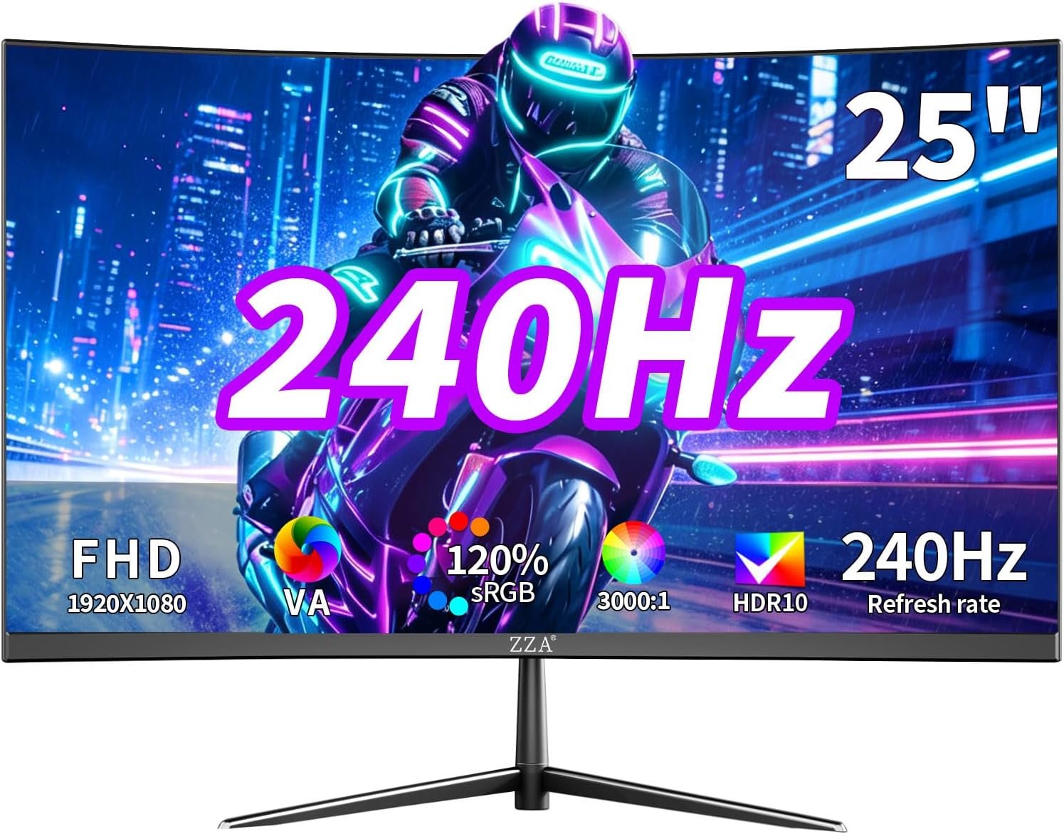 ZZA 25″ Curved Gaming Computer Monitors, 240HZ FHD 1080P Monitor,2800R,AMD FreeSync,HDMI/DP,VESA,Flicker-Free,Blue Light,Gaming/Office,PS5/Xbox