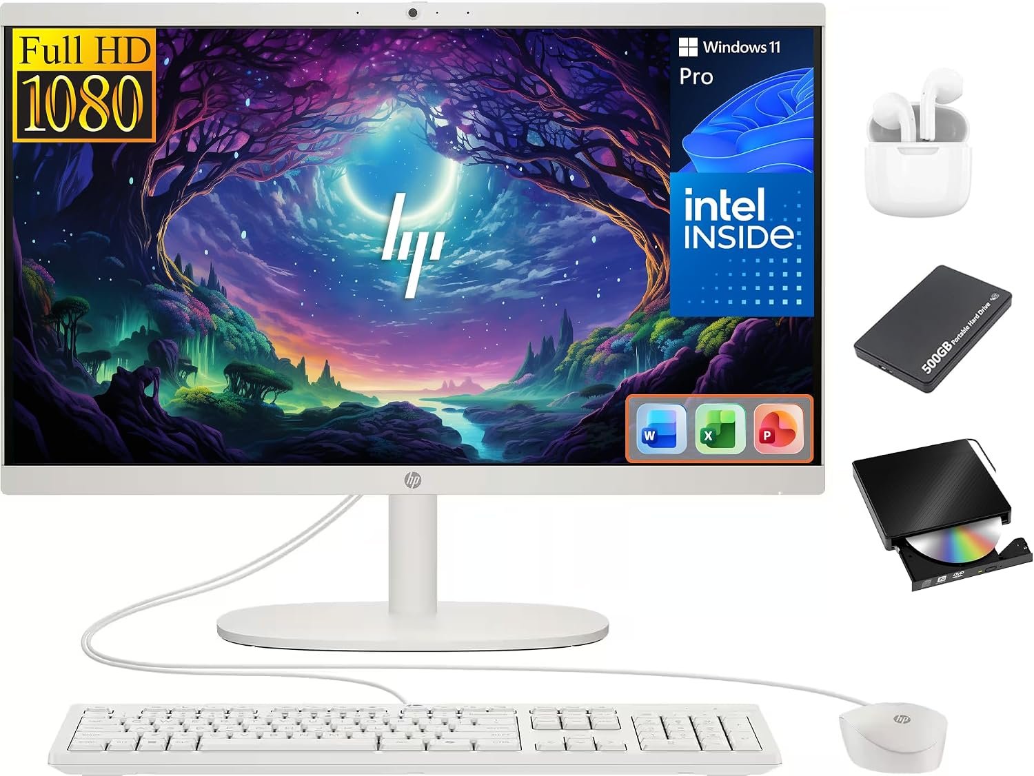 HP 21.5 inch FHD All-in-One Desktop Computer PC 2026 Flagship, 8GB RAM, 628GB Storage (128GB UFS + 500GB Ext), Intel Processor N100, Webcam, WiFi 6, HubxcelAccessory, Win 11 Pro, Lifetime Office 2024