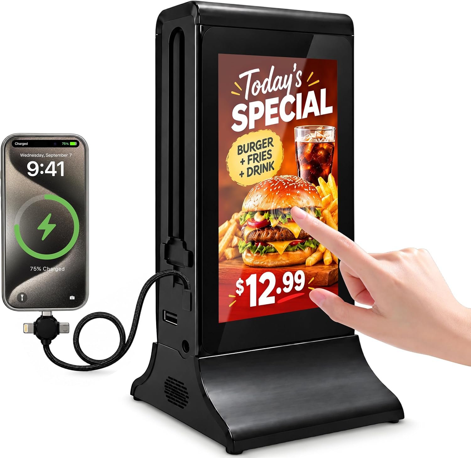 7 Inch Tabletop Digital Signage Display, Android Touchscreen Digital Menu Board with WiFi CMS, Battery-Powered Countertop Display with Phone Charging for Restaurants, Cafes, Bars & Hotels