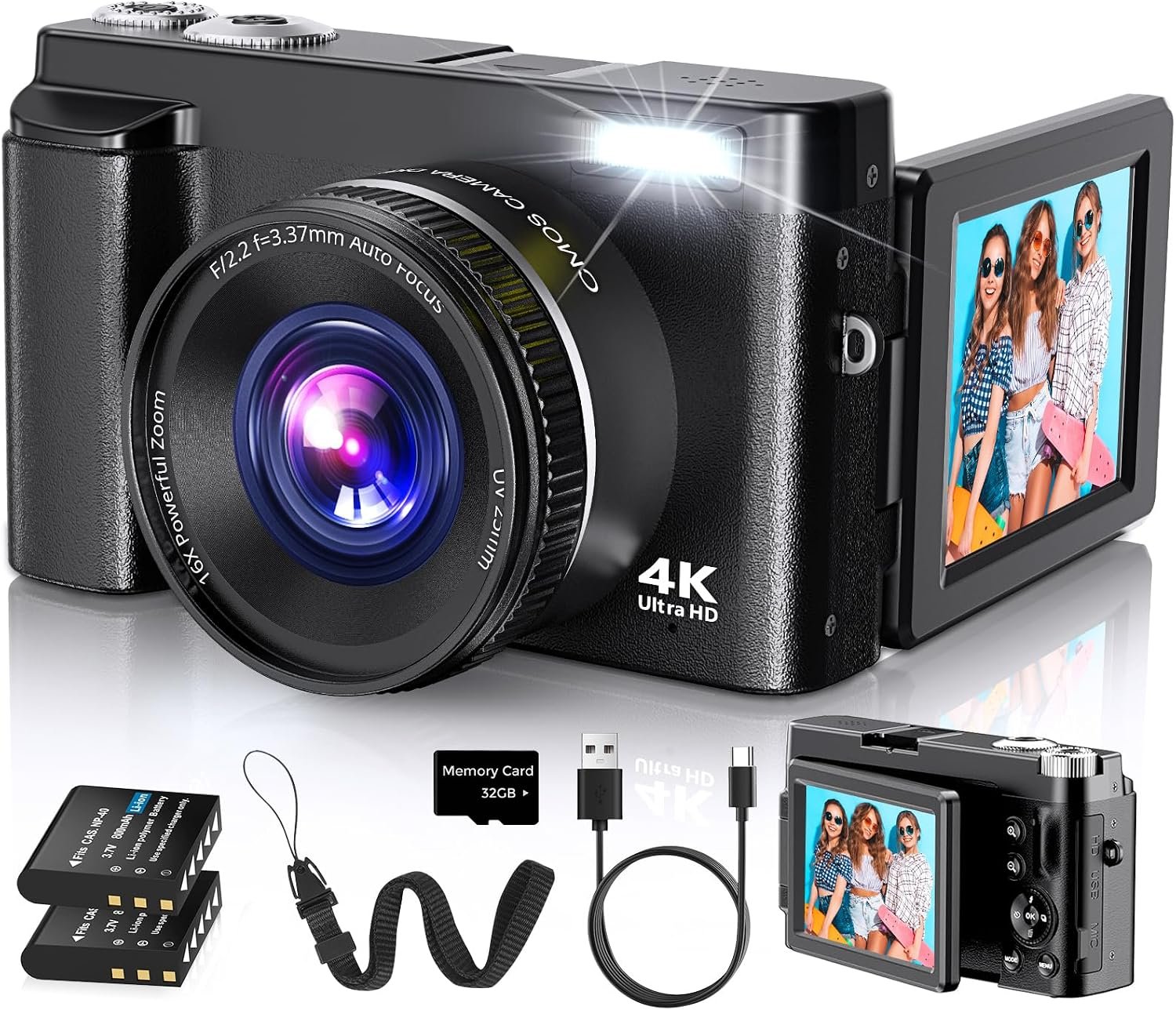 Duluvulu 4K Digital Camera for Photography Autofocus, 2026 Latest 48MP Vlogging Camera for YouTube with SD Card, 2 Batteries, 3″ 180°Flip Screen Compact Travel Camera for Teens with 16X Zoom,Black