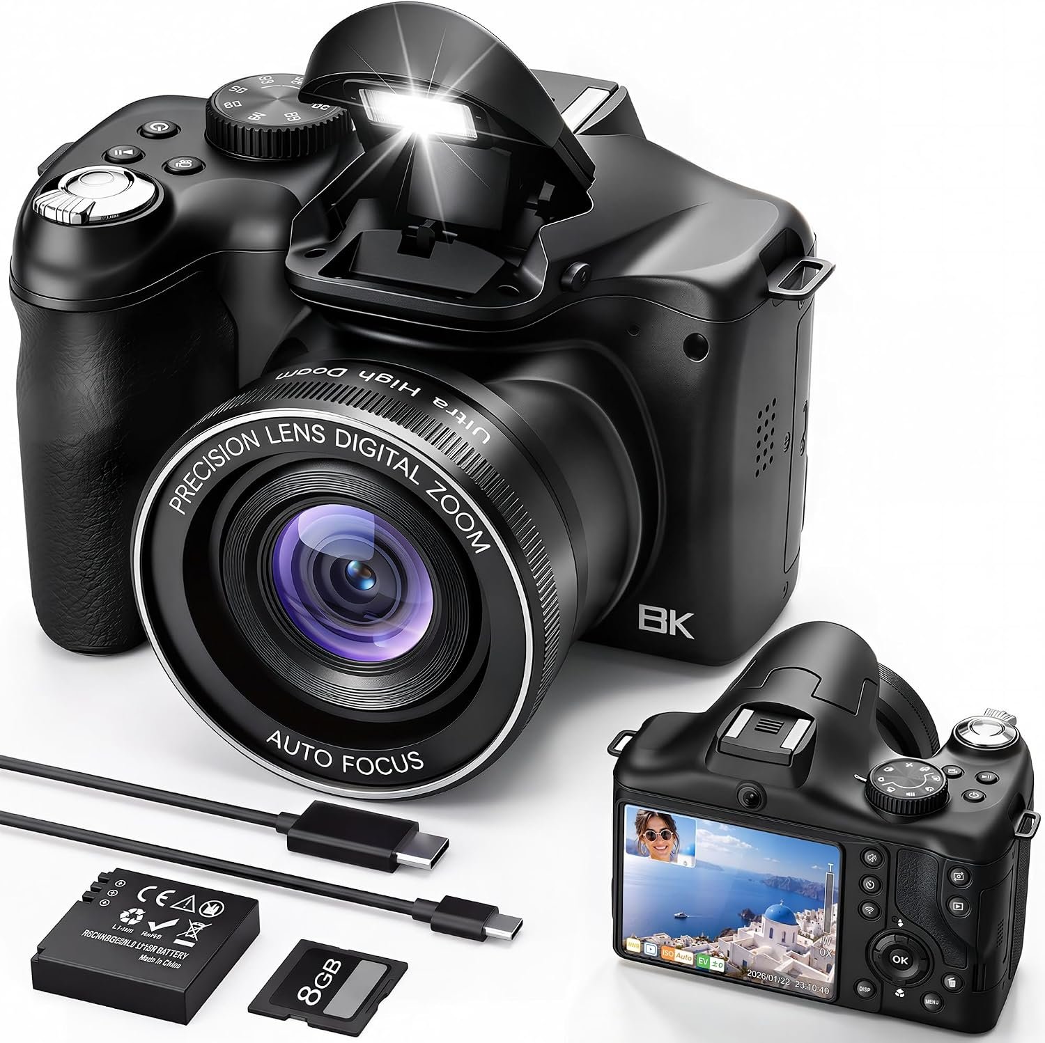 Vlogging Camera with Dual-View Recording, WiFi & Dual Cameras, 2000mAh, 8K