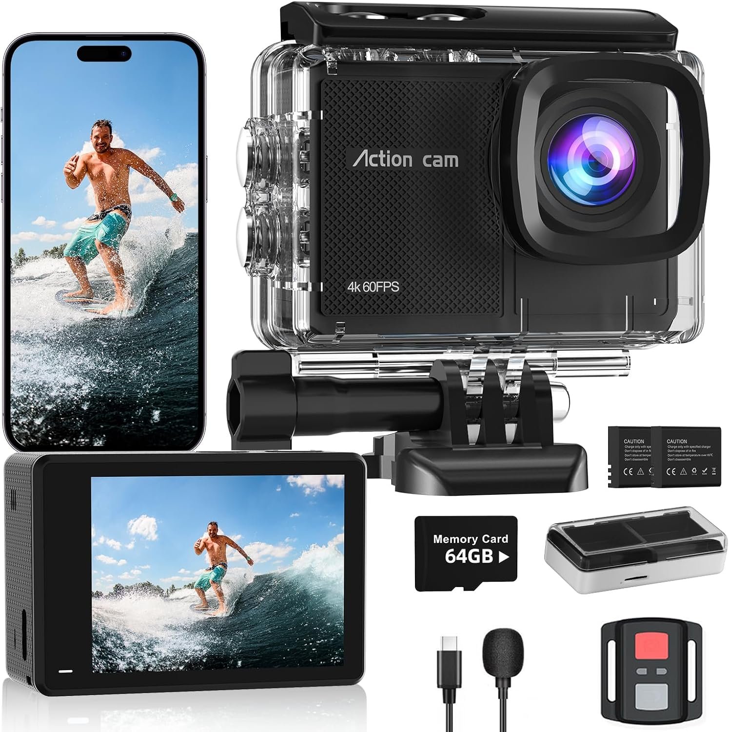 4K 60FPS Action Camera with 64GB Card-48MP Waterproof Camera,40M Underwater Camera,8X Zoom,EIS Stabilization,WiFi,Remote Control,MotorcycleCamera with 2 Rechargeable Batteries