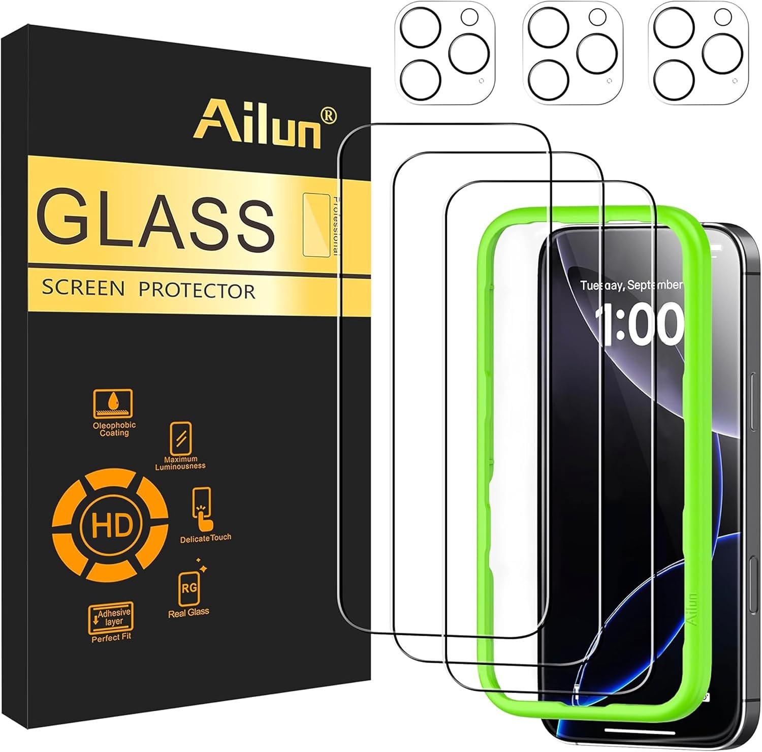 Ailun Screen Protector + Camera Lens Protector for iPhone 16 Pro, 3+3 Pack