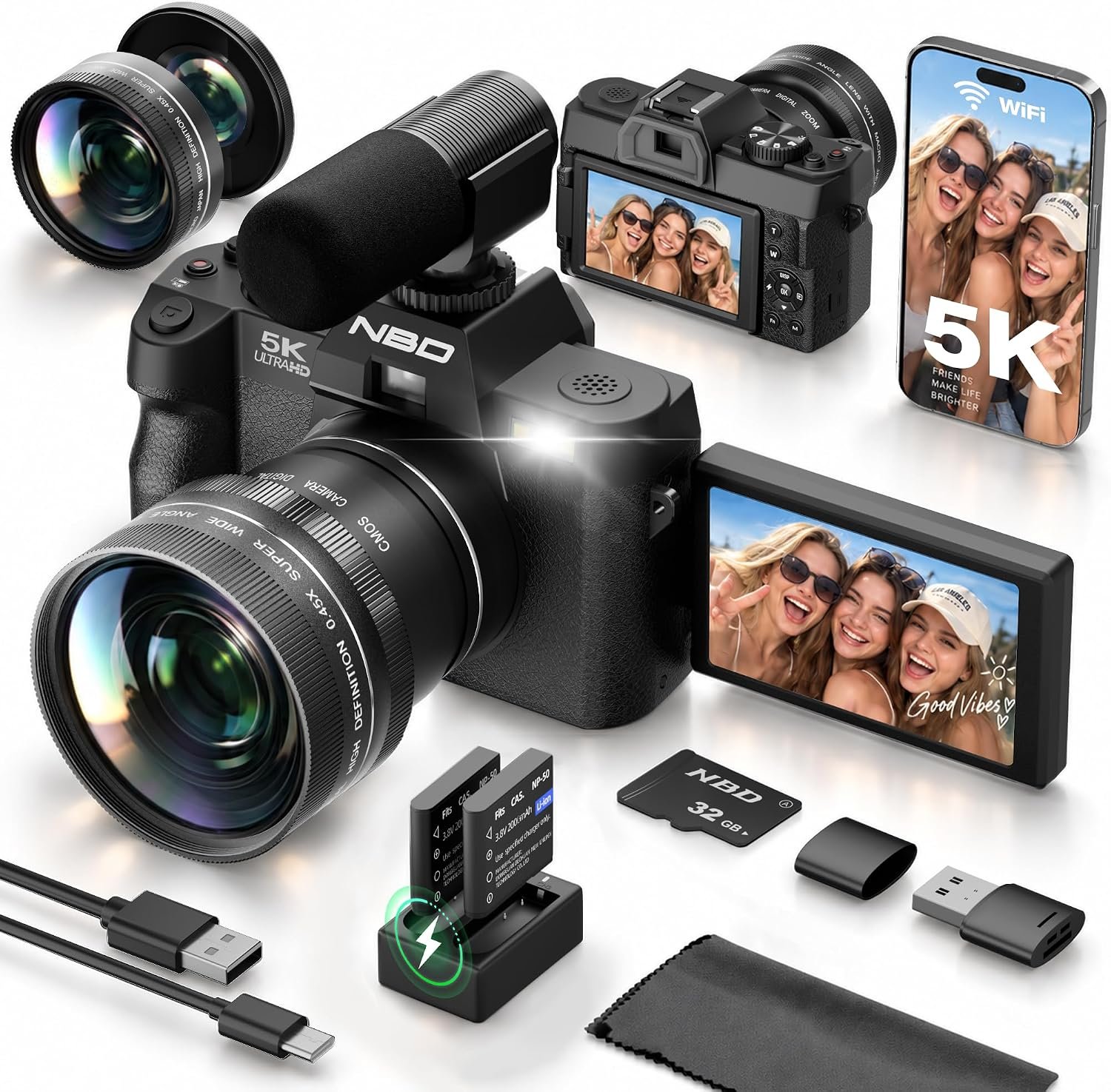 NBD 5K 64MP Digital Cameras for Photography with Dual-Lens WiFi