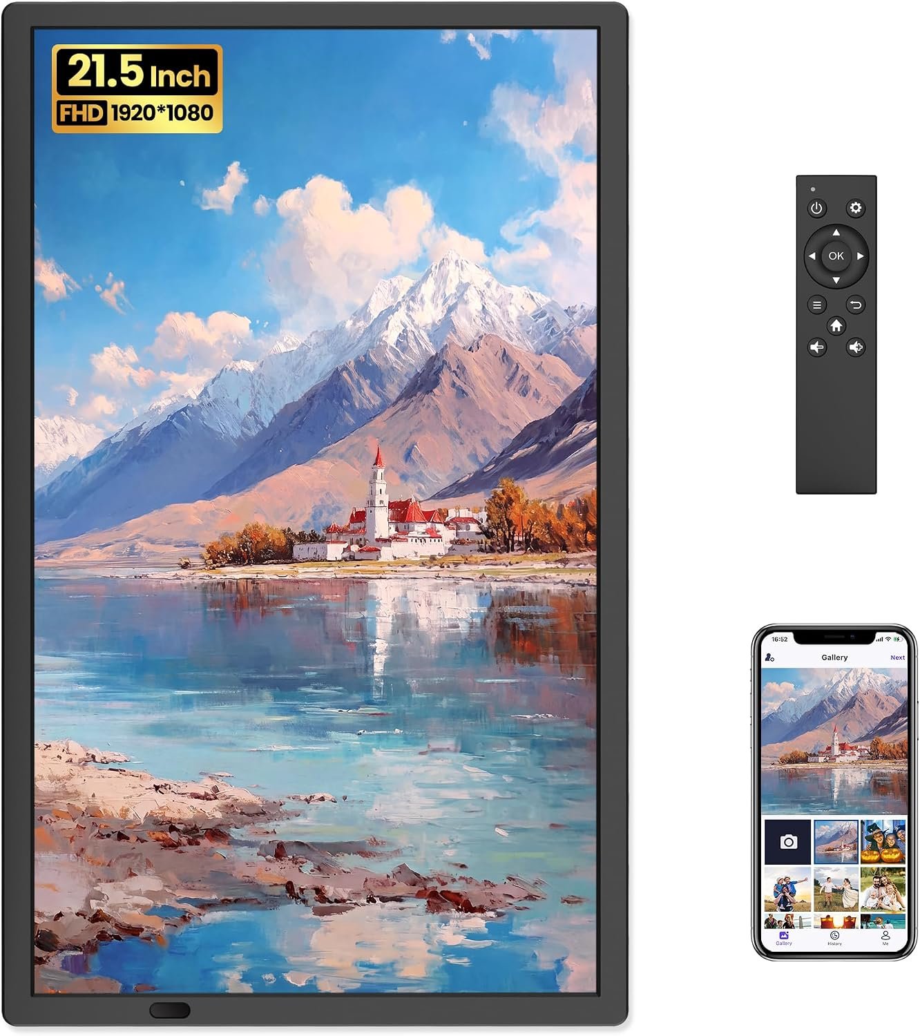 FANGOR 21.5″ Large Digital Picture Frame 64GB, WiFi Photo Frame 1920×1080 FHD IPS Display with Remote Control, Auto-Rotate, Wall Mounted, Share Photos/Videos Via Uhale App/USB/SD (No Touch Screen)