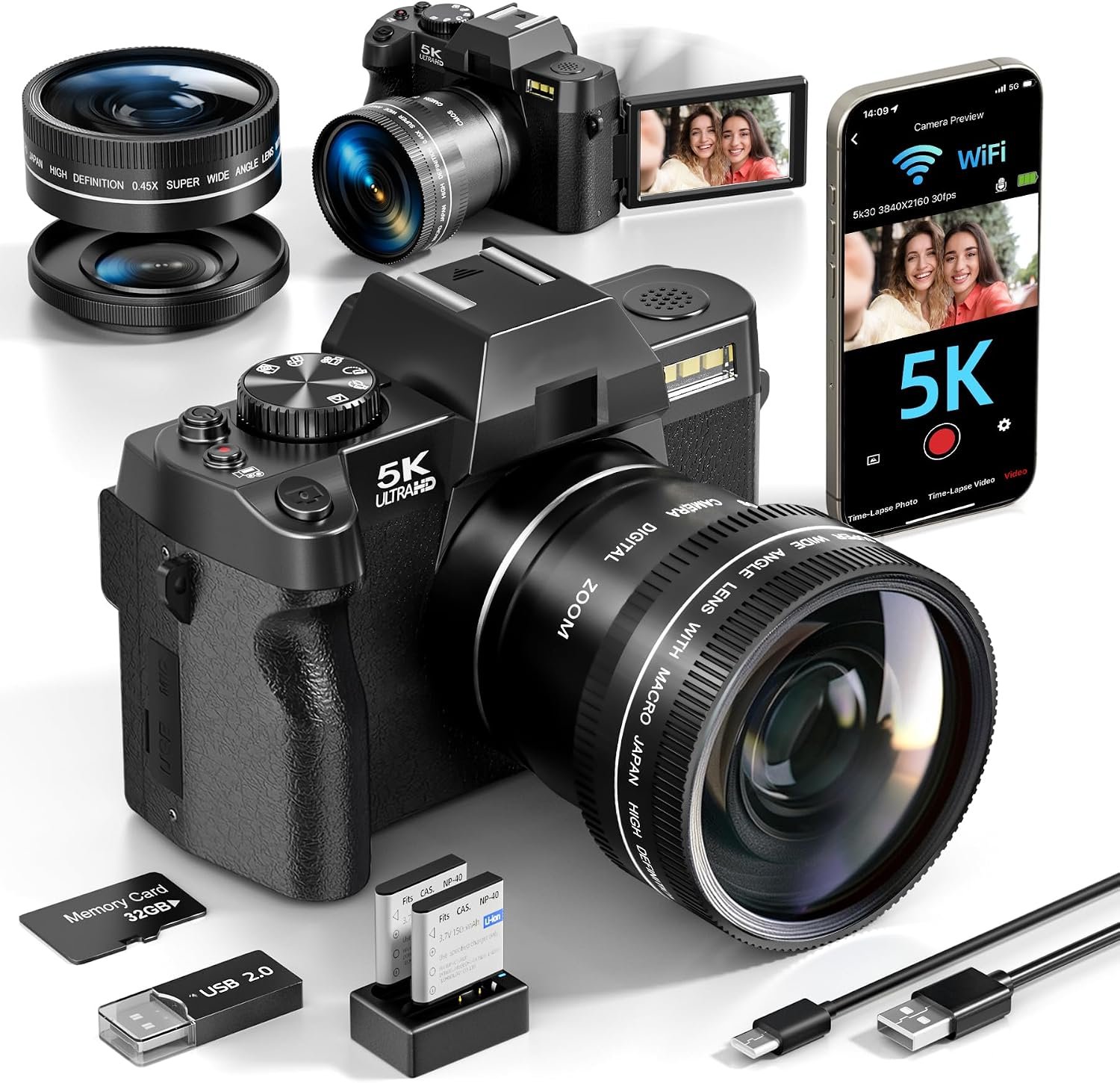 5K 64MP Digital Cameras for Photography, Vlogging Point and Shoot Camera