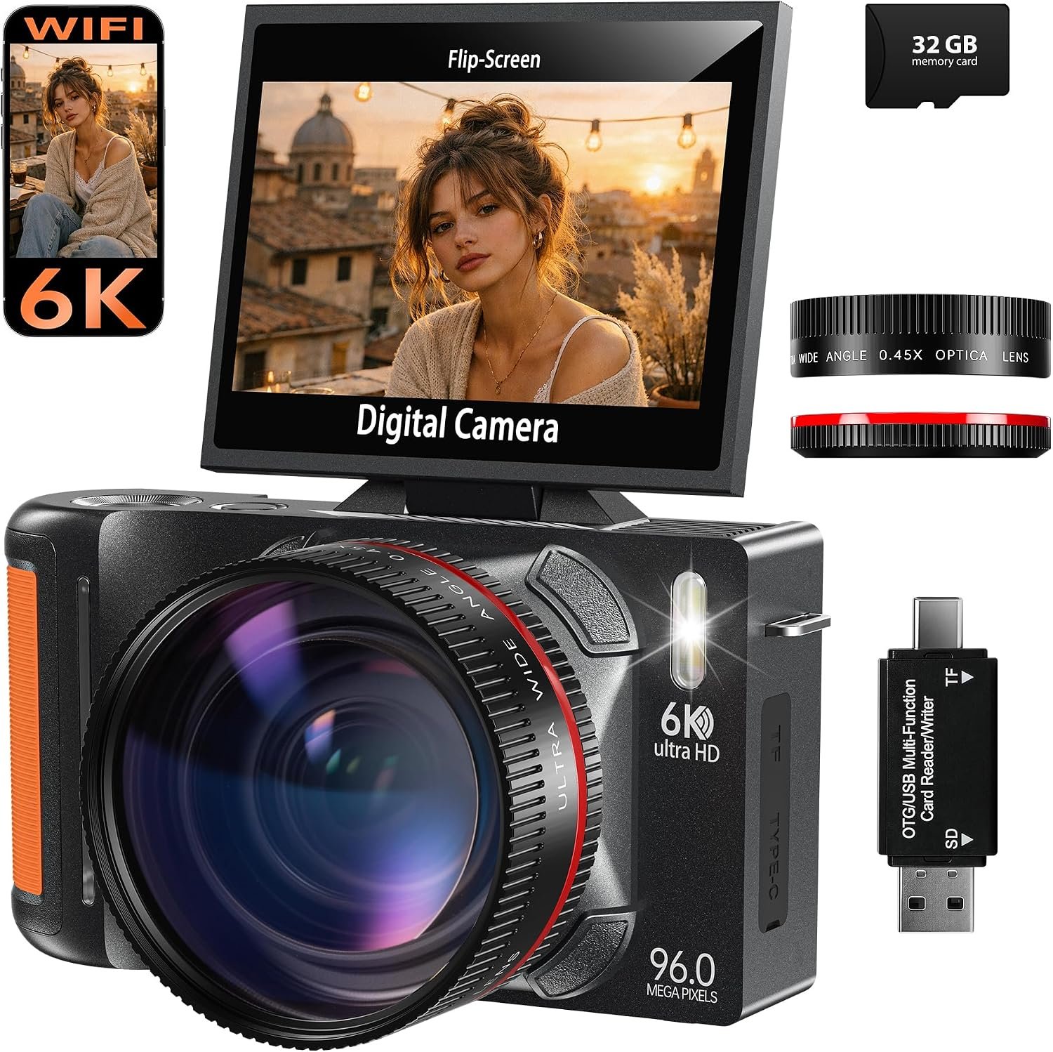 6K 96MP Flip Screen Digital Camera for Photography, WiFi, Dual Lens