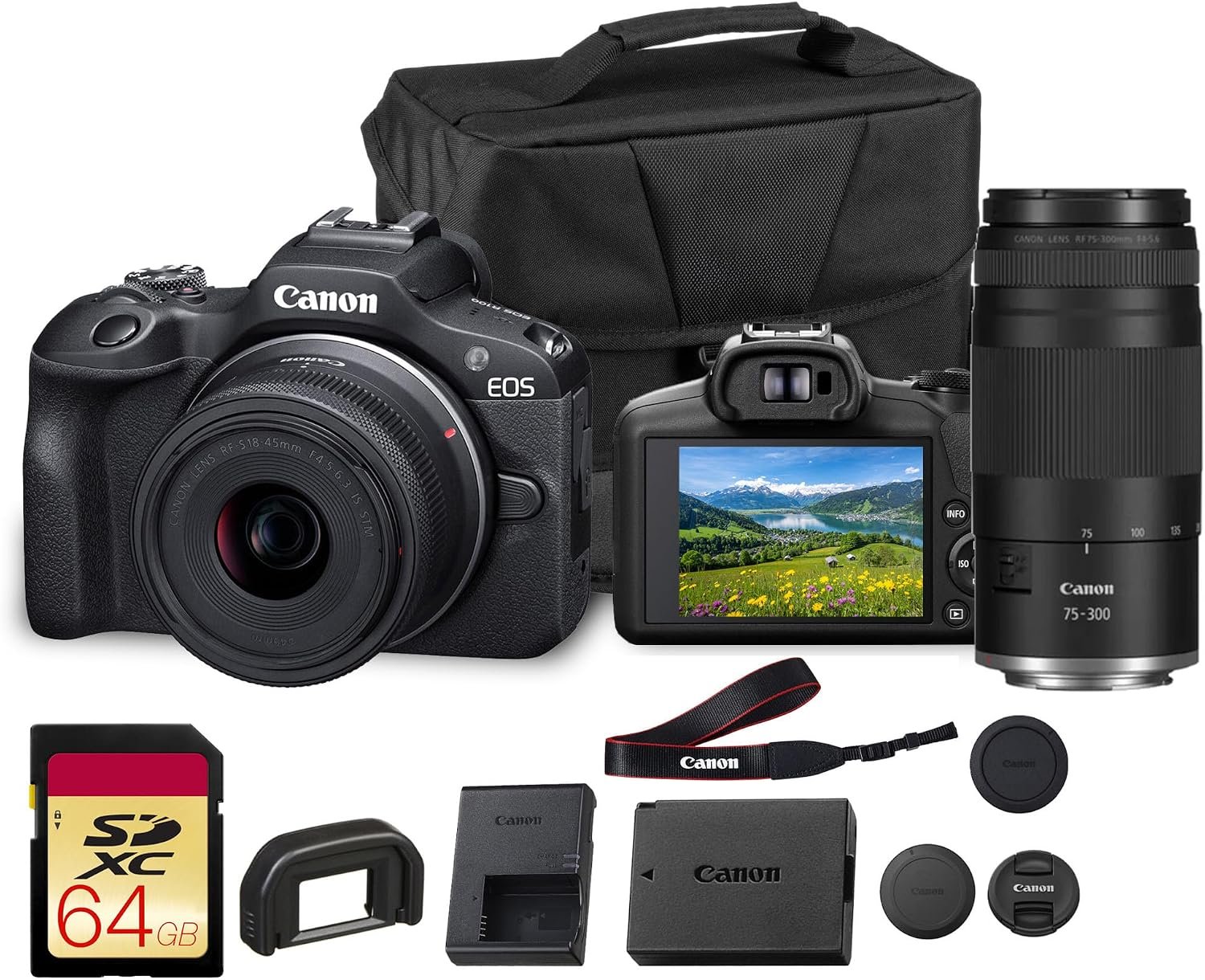 Canon EOS R100 Mirrorless Camera with 18-45mm & 75-300mm Double Lens Bundle