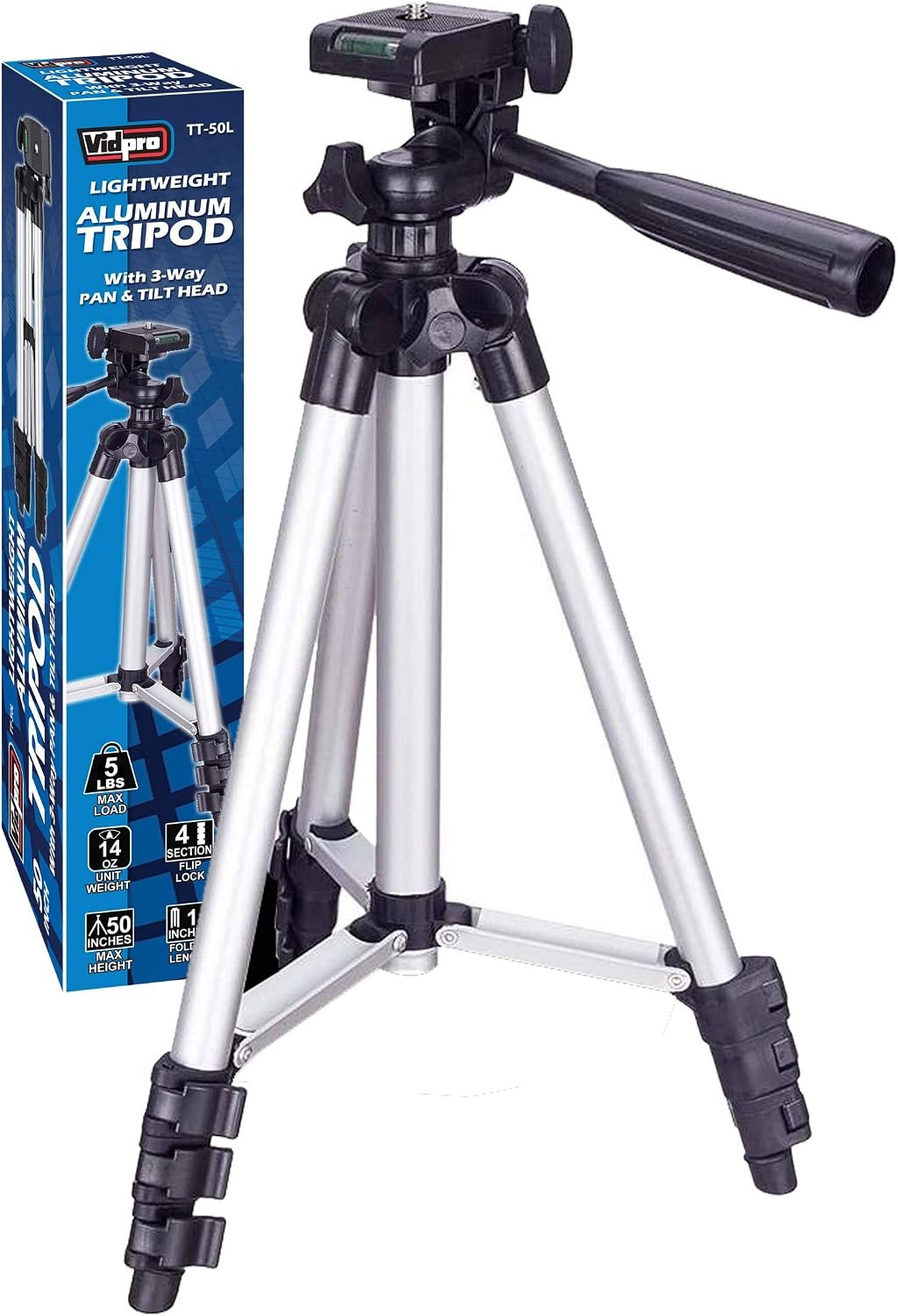 Vidpro TT-50L 50 Inch Lightweight Aluminum Tripod with 3 Way Pan & Tilt Head