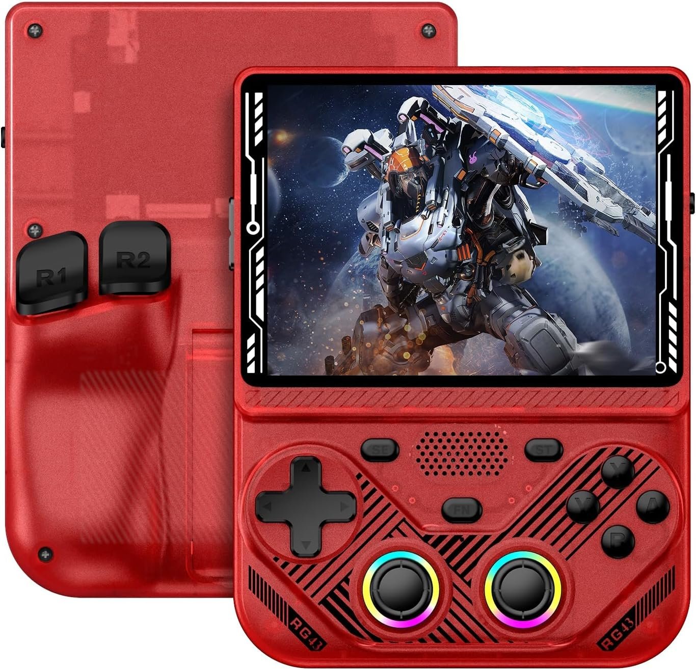 RG43V Pro Retro Handheld Game Console, 4.3 Inch IPS Screen, Portable Open Source Dual System with RK3562 CPU,with 64GB TF Card, Support WiFi Networked Fighting, HDMI TV Output(Transparent Red64G)