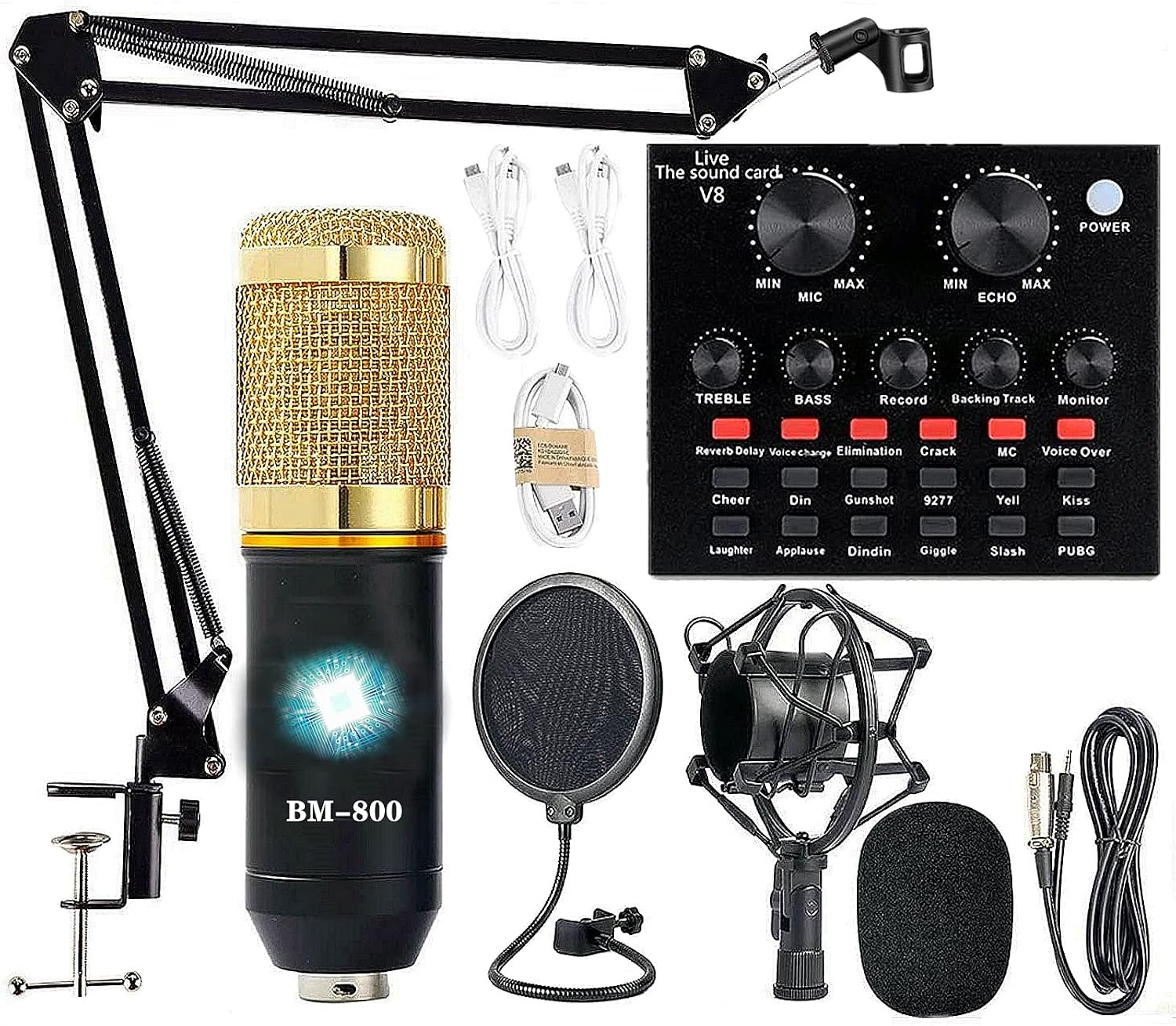 Podcast Equipment Bundle, BM-800 Recording Studio Package with Voice Changer, Live Sound Card – Audio Interface for Laptop Computer Vlog Living Broadcast Live Streaming YouTube TikTok (AM100-V8)
