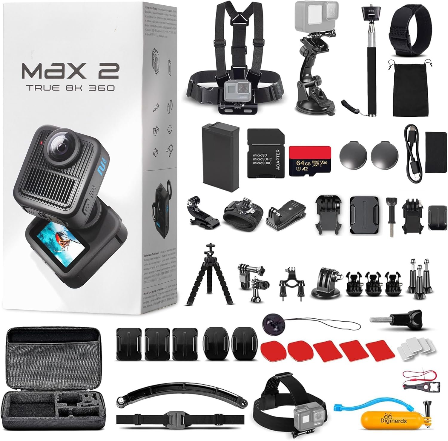 GoPro MAX 2 8K 360 Action Camera (MAX2) – Swappable Replaceable Lenses | HyperSmooth Stabilization | Waterproof 5m | POV Mode for Travel & Vlogging with 50 Piece Accessory Kit + 64GB Card + More