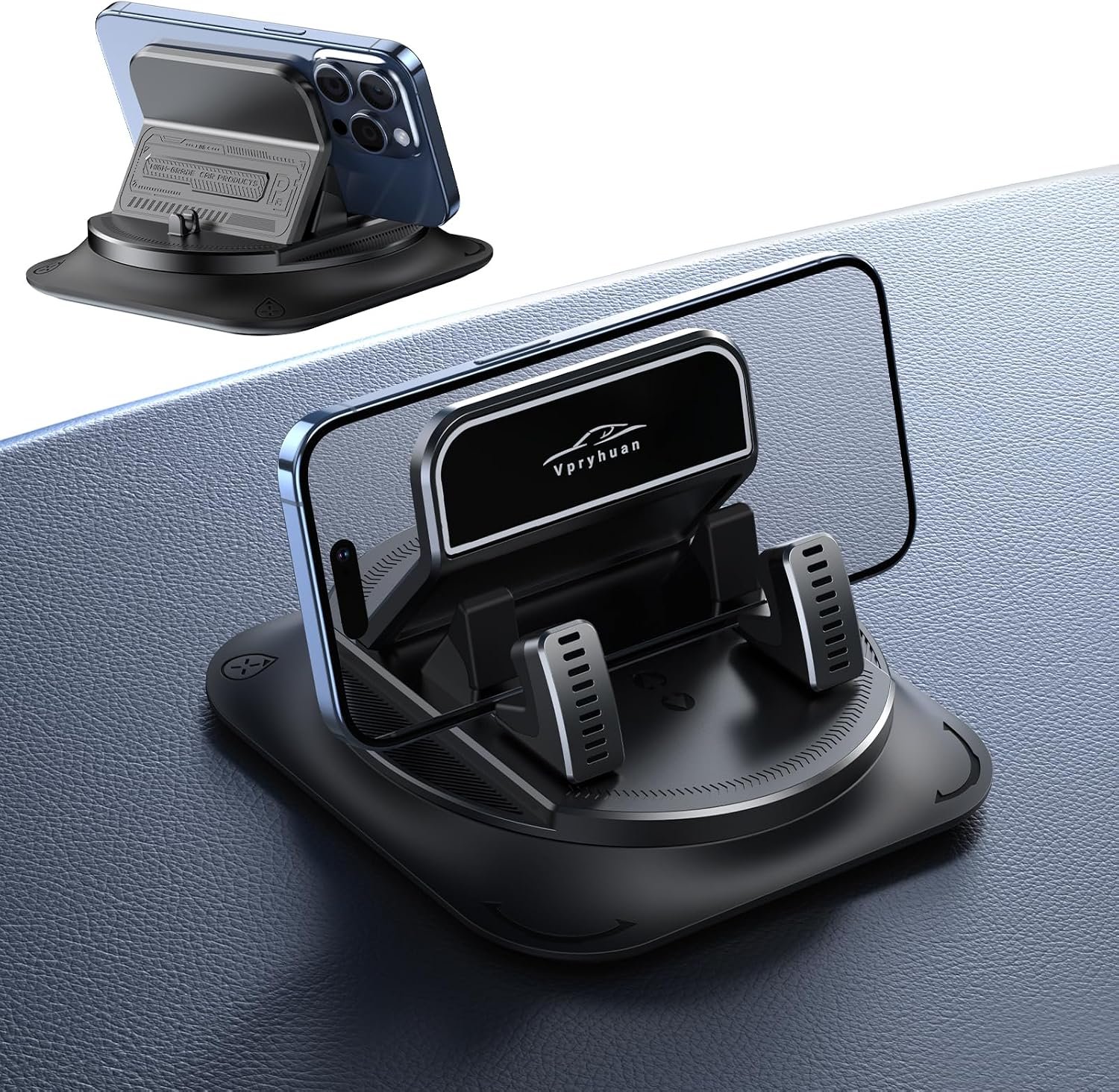 360 Degree Rotation Dashboard Phone Holder for Car, Anti-Slip Grips & One-Hand Operation Car Cell Phone Mount with Adjustable Spring Clip, Compatible with iPhone Samsung All Smartphones