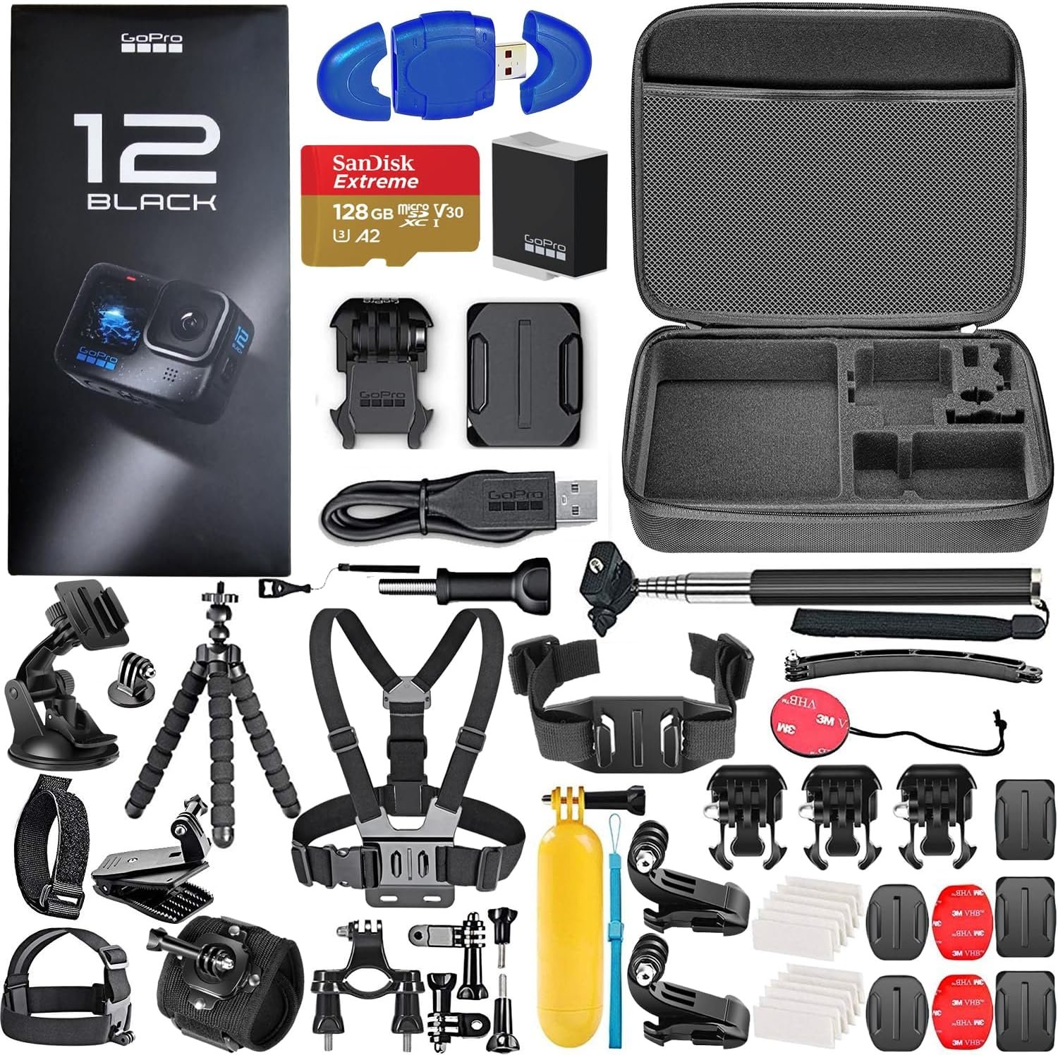 GoPro HERO12 Black 5.3K Action Camera Bundle with 128GB Card and 50 Accessories