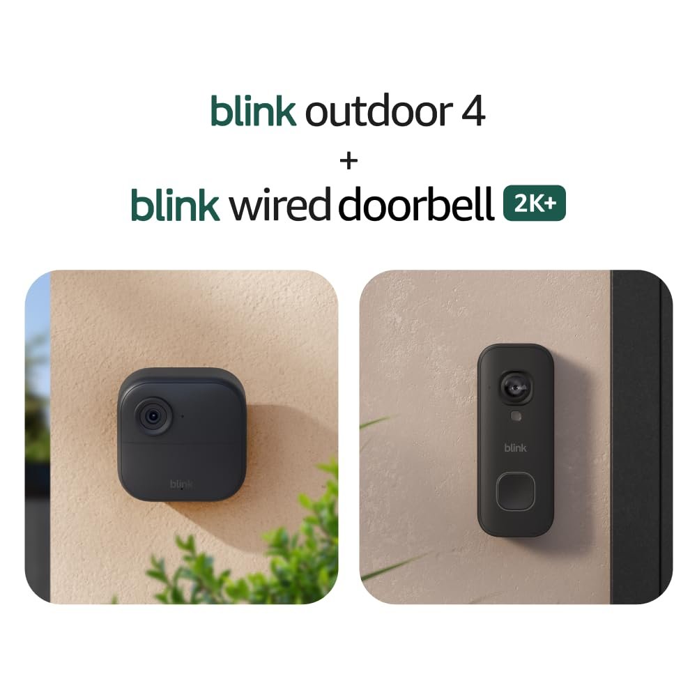 Blink Outdoor 4 and Wired Doorbell 2K+ (newest model) — Two-year battery 1080p cameras and 2K hardwired doorbell. Sync Module Core included — 5 Cameras + Doorbell (Black)