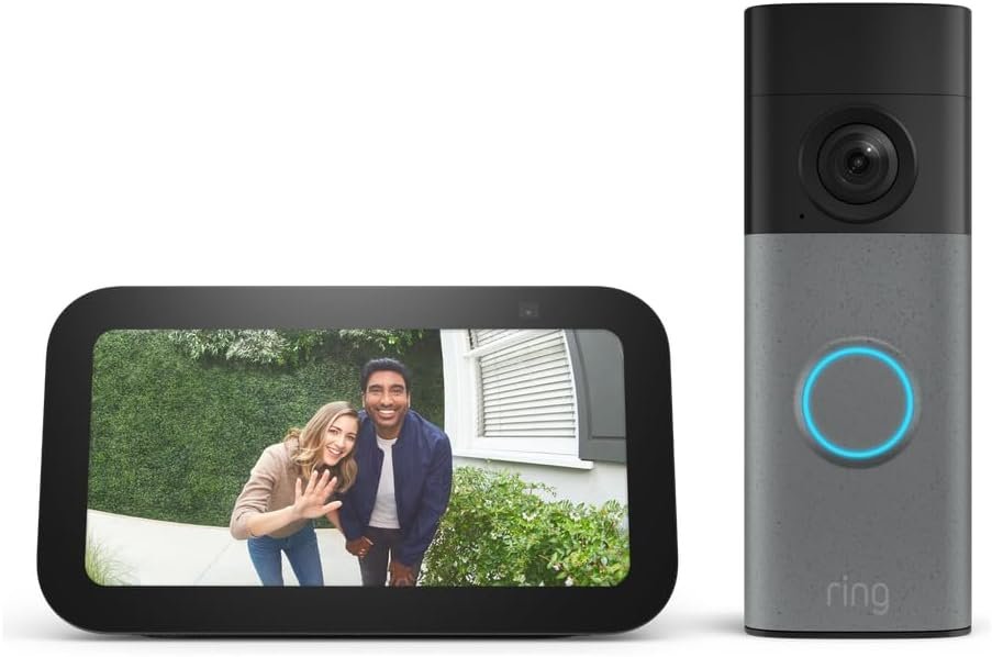 Amazon Echo Show 5 Smart Display with Alexa+ & Ring Battery Doorbell Bundle – 2x Bass, Retinal 2K Video, 6x Enhanced Zoom, Charcoal & Speckled Gray